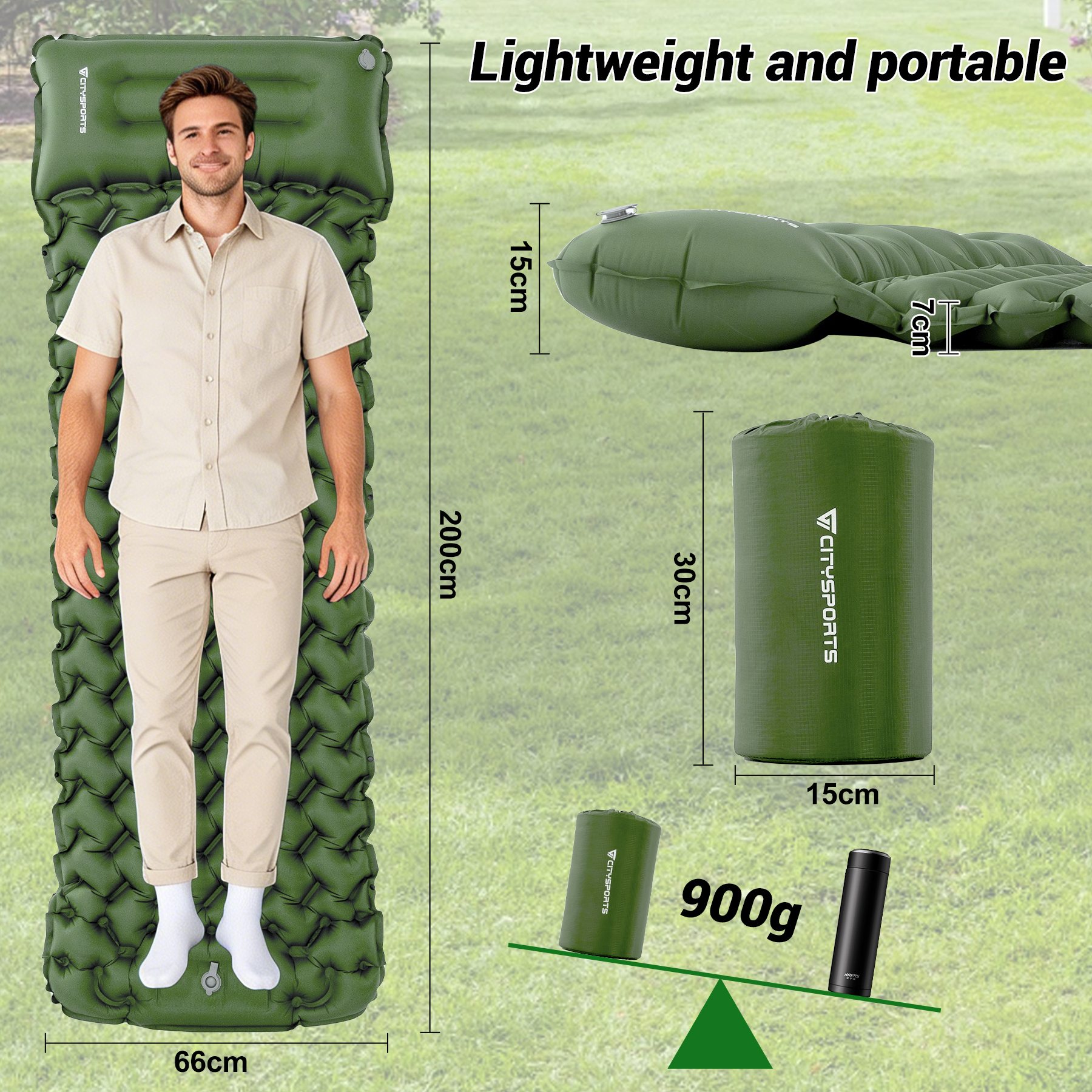 A man lies on a green sleeping mat. Beside it are dimensions and a folded product.