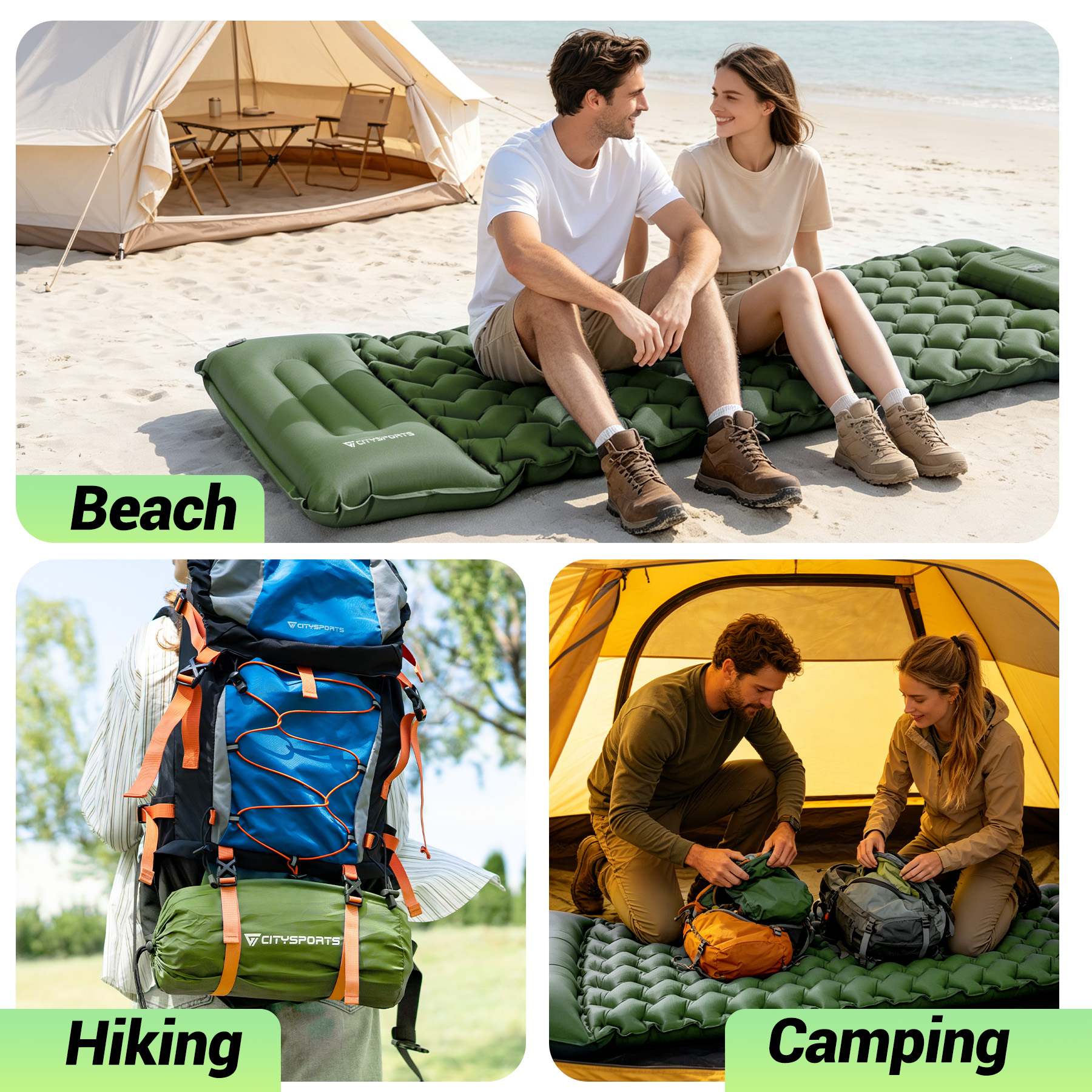 A man and woman sit on an air mattress at the beach, tent in background. Hiking and camping.