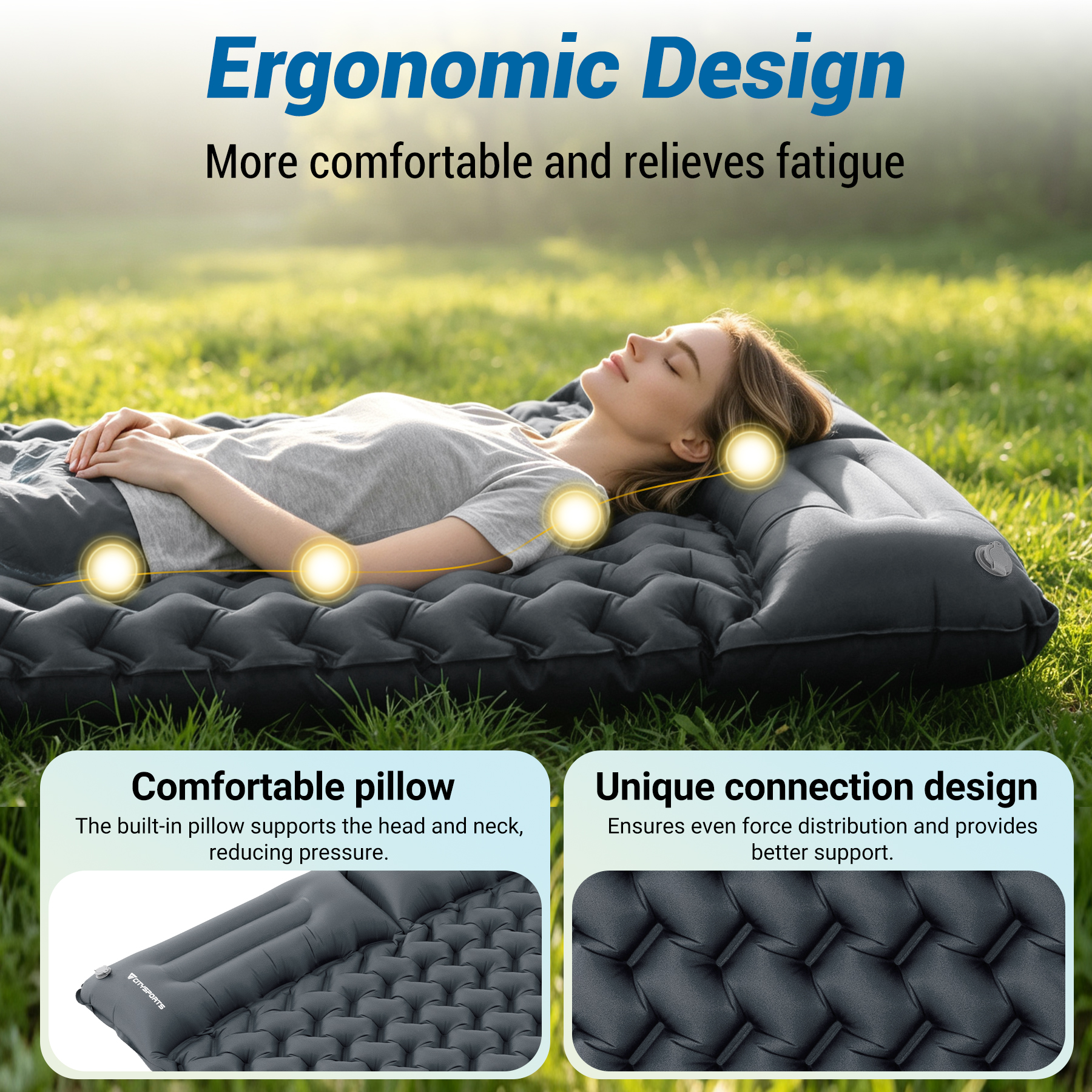 Woman lying on dark air mattress in grass, with text about ergonomic design.
