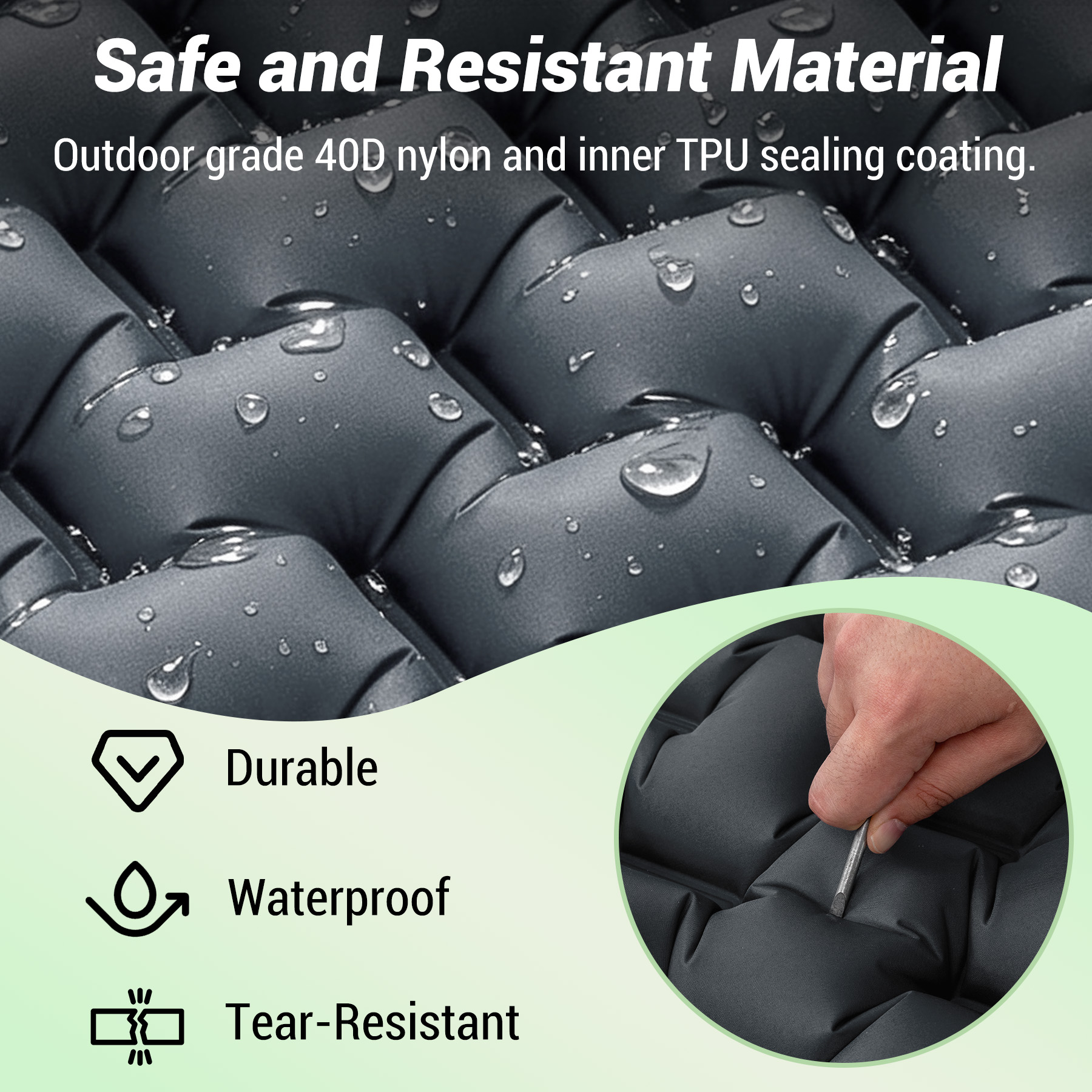 Gray padded material with water droplets. Features: durable, waterproof, tear-resistant.