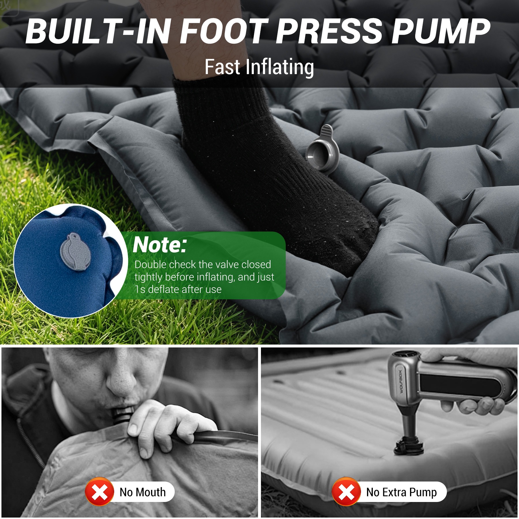Gray air mattress with built-in foot pump, inflating fast.