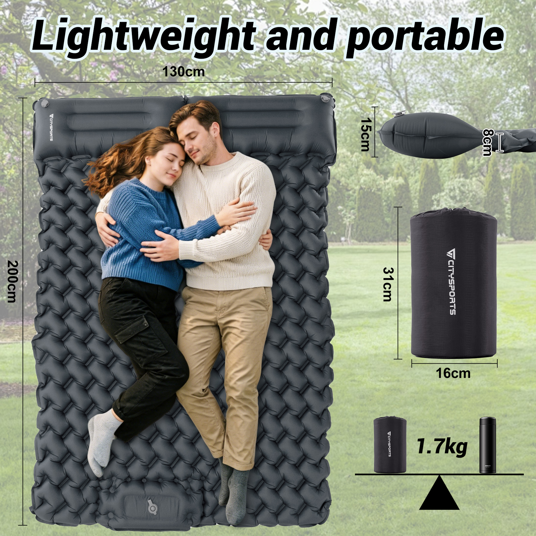 A couple sleeps on a gray air mattress. Dimensions and weight are shown.