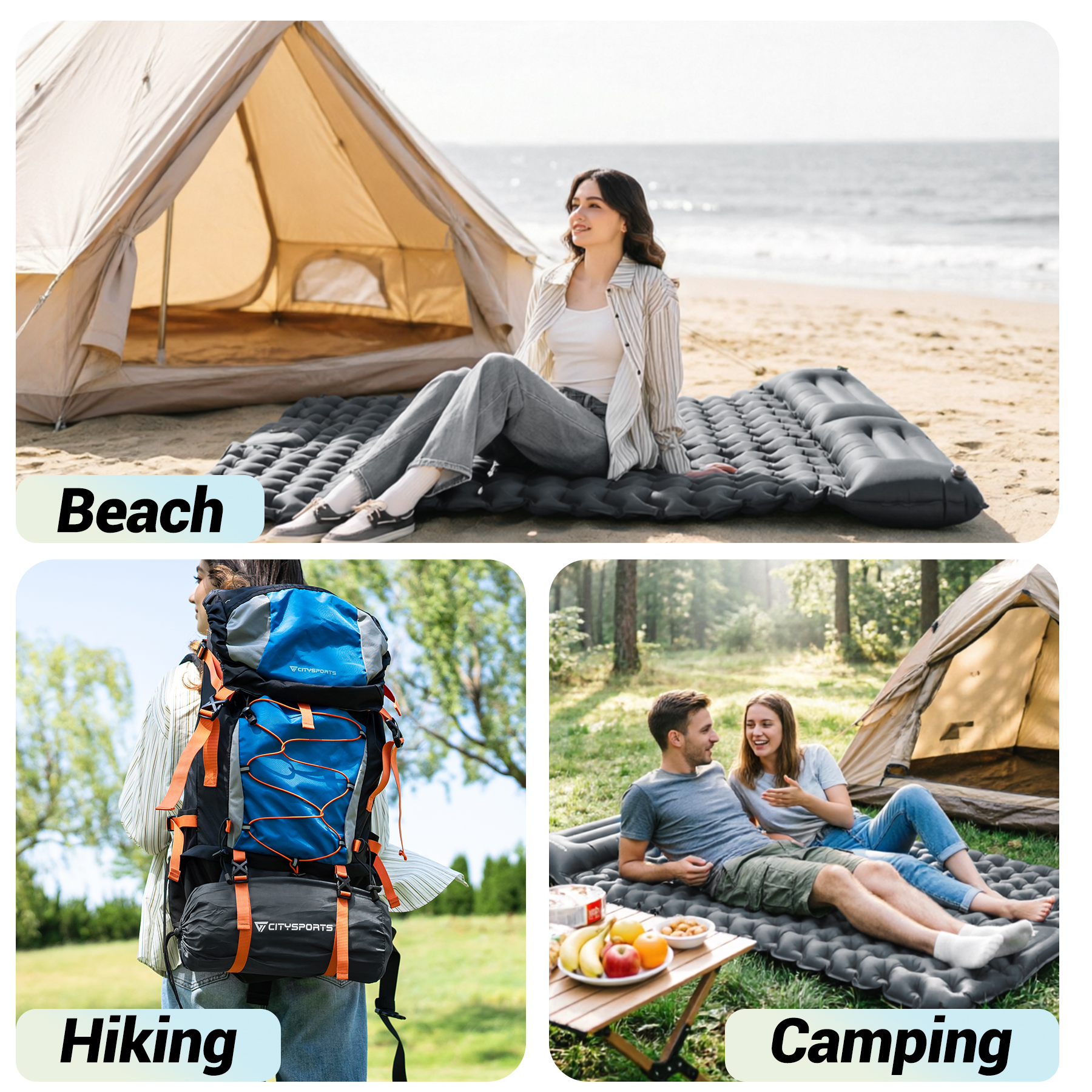 Three scenes: woman at beach, backpack for hiking, couple camping.