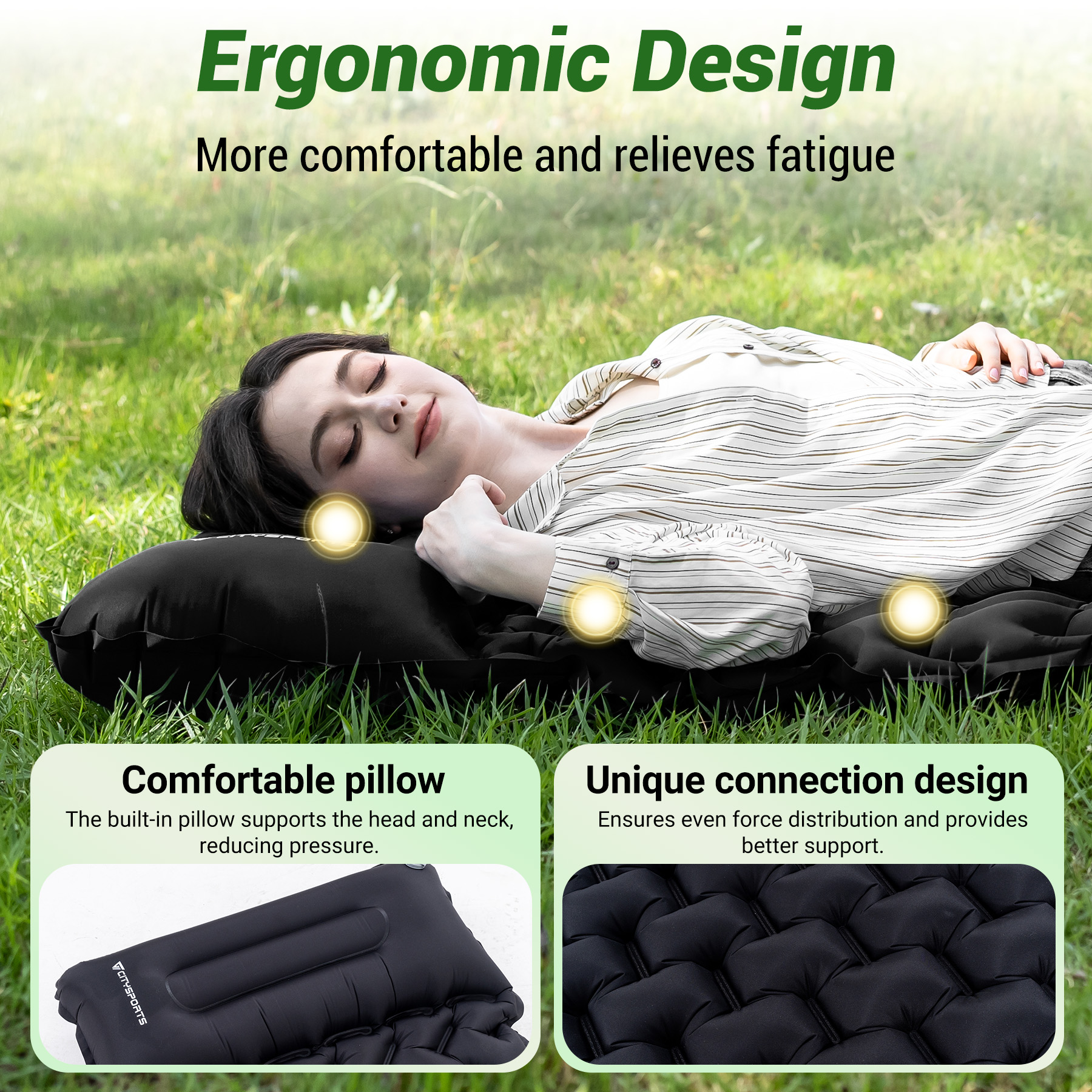 Woman lying on an inflatable mat in grass, with text about ergonomic design.