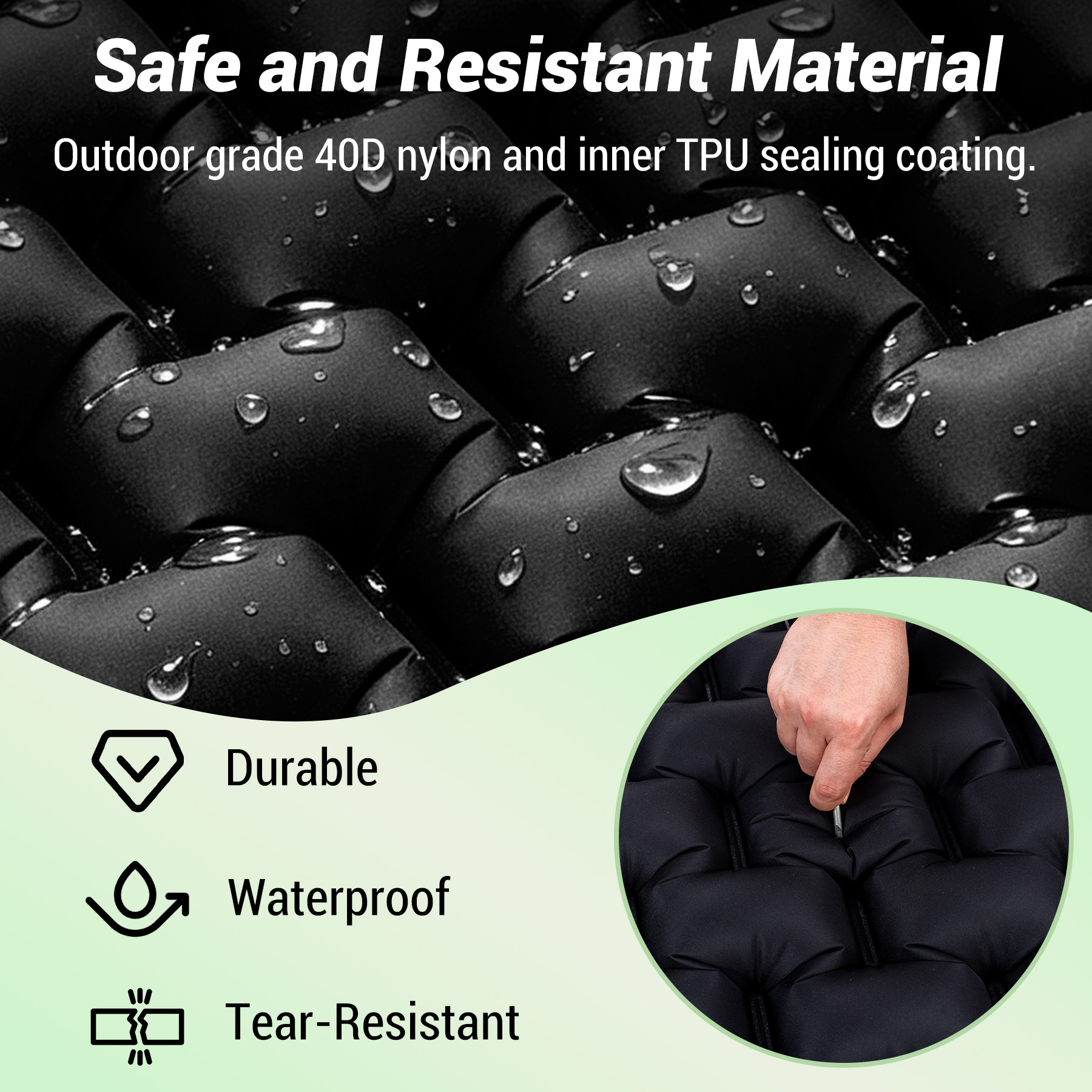 Black material with water drops, highlighting durability, waterproof, and tear-resistant features.