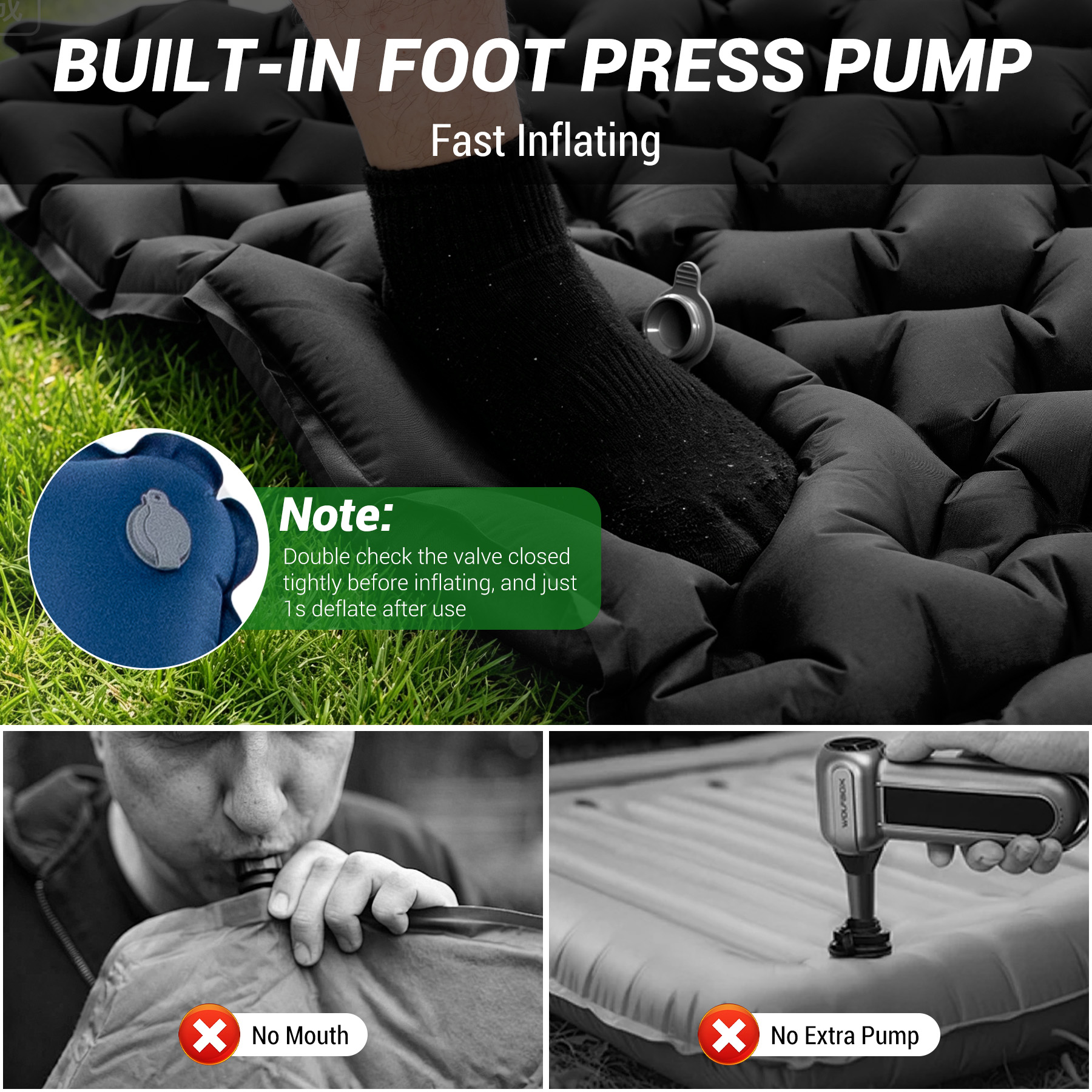 Built-in foot pump inflates air mattress. No mouth or extra pump needed.