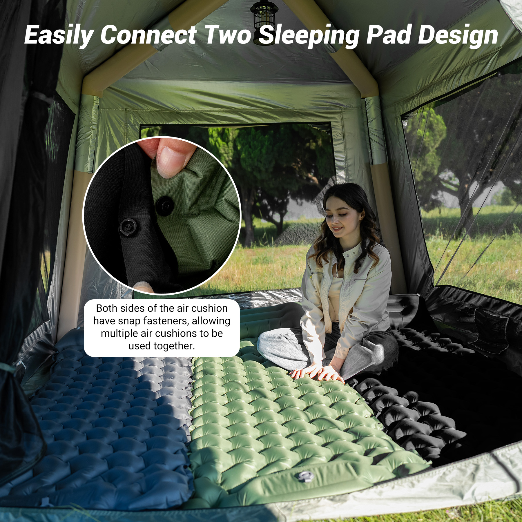 Woman sitting on air mattresses in a tent with outdoor scene.