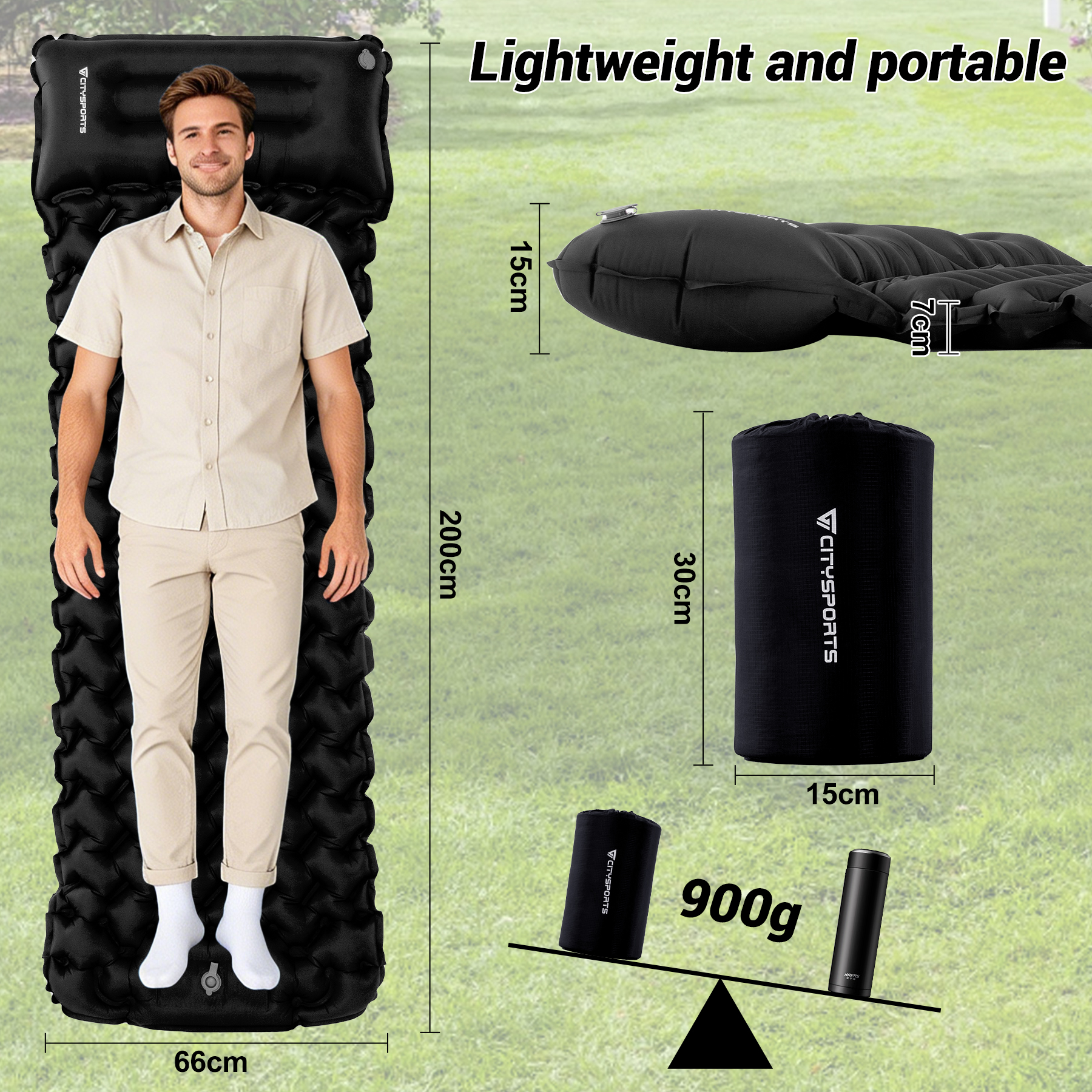 A man stands on a black sleeping pad. Next to it are the pad, packed, and a scale.