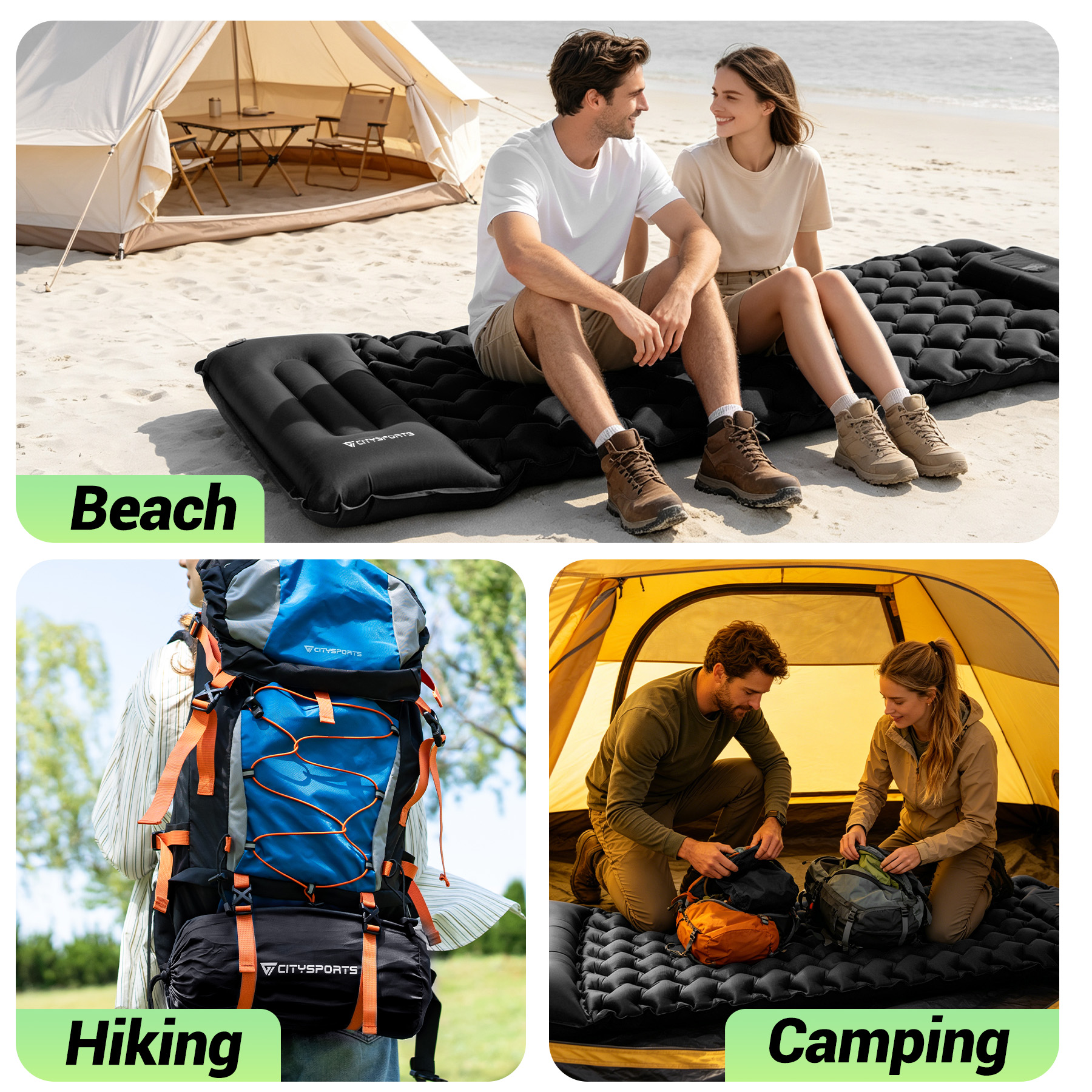 A man and woman sit on an air mattress at the beach; hiker with backpack; couple camping inside a tent.