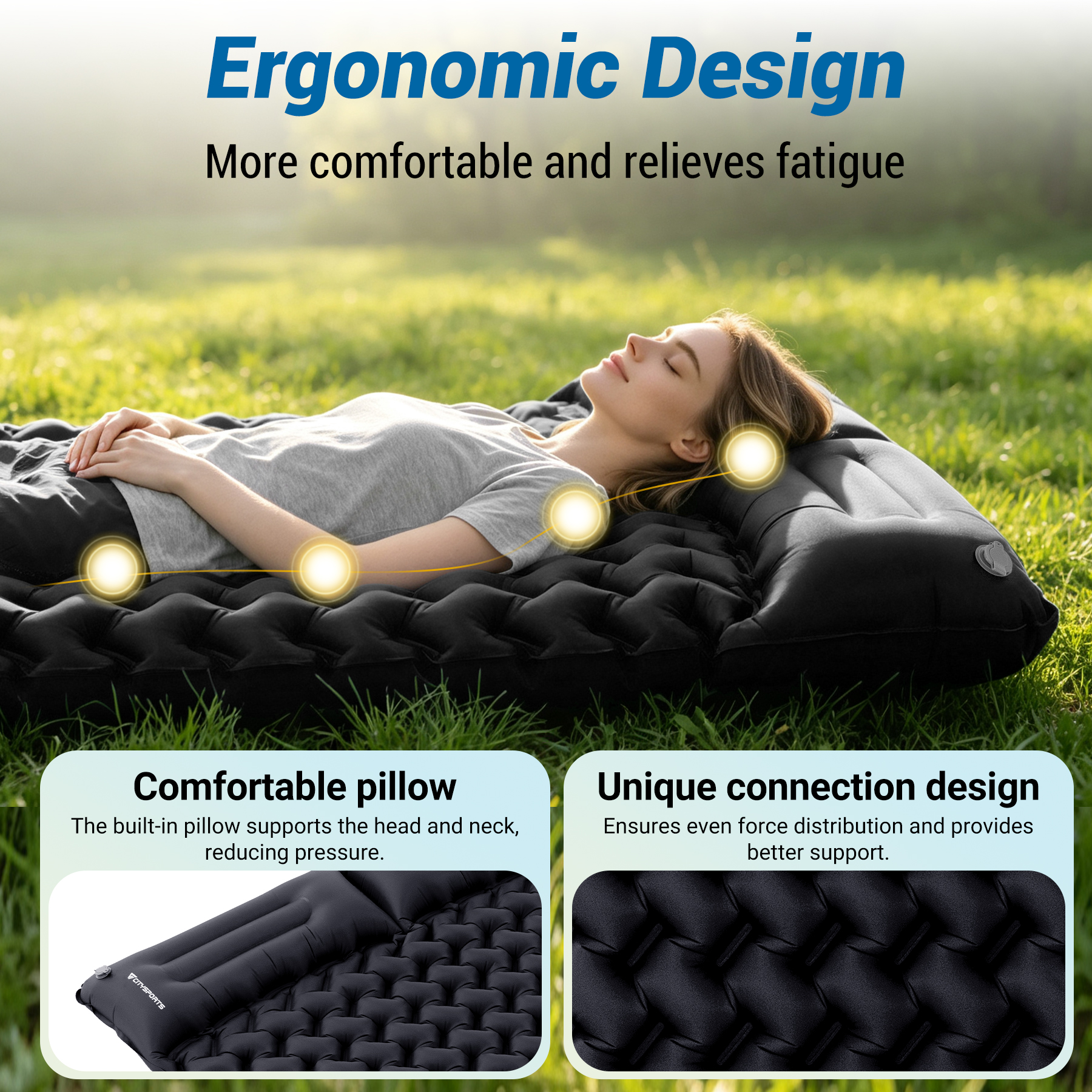 Woman lying on black air mattress in grass, with text about ergonomic design.