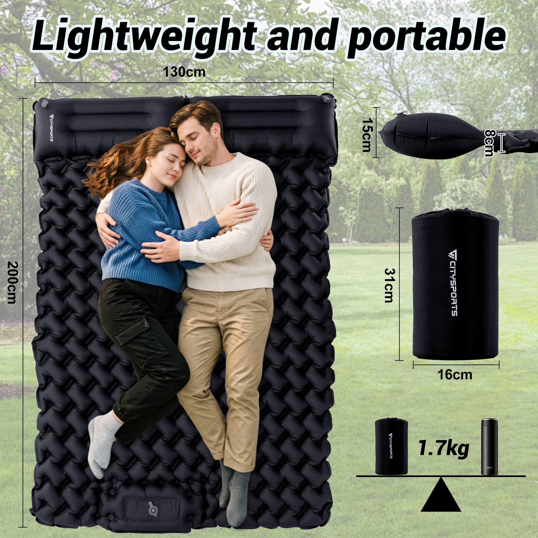 A couple sleeps on a black air mattress (130x200cm). Dimensions shown.