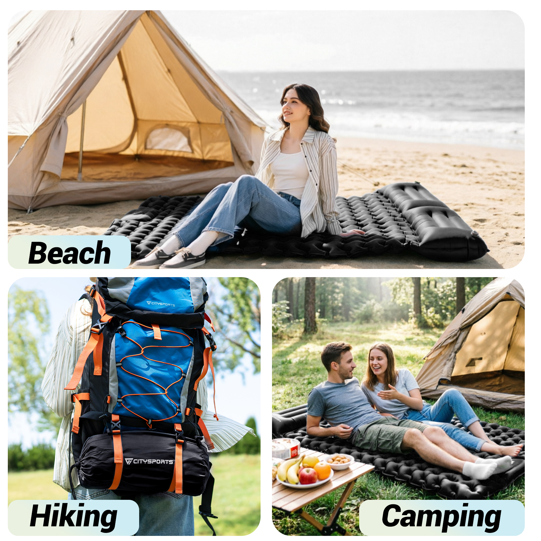 Collage: Woman on beach, backpack, couple camping. Beach, Hiking, Camping.