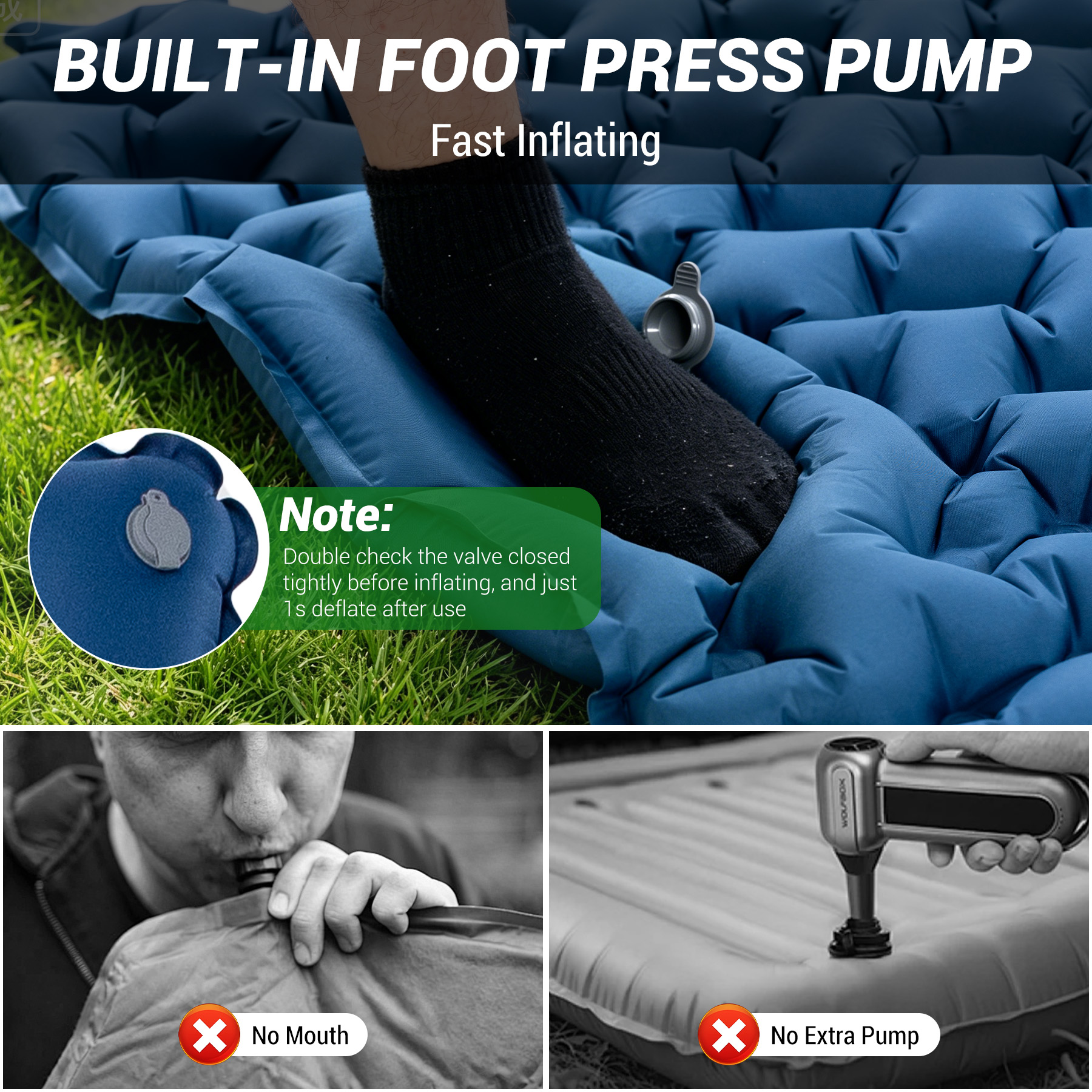 Inflatable mat with built-in foot pump and notes.