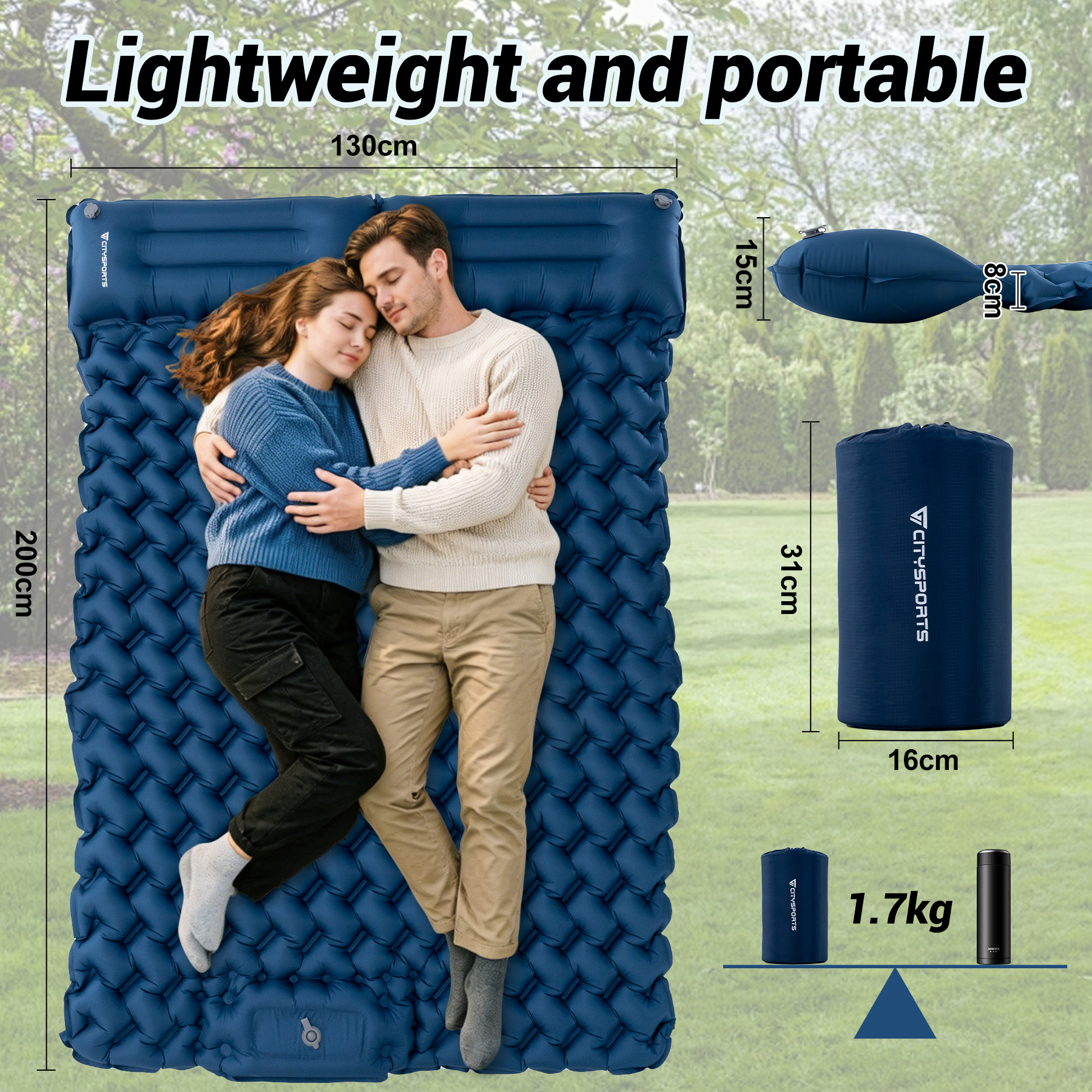 A couple cuddles on a blue air mattress. Dimensions and a packed bed are shown.