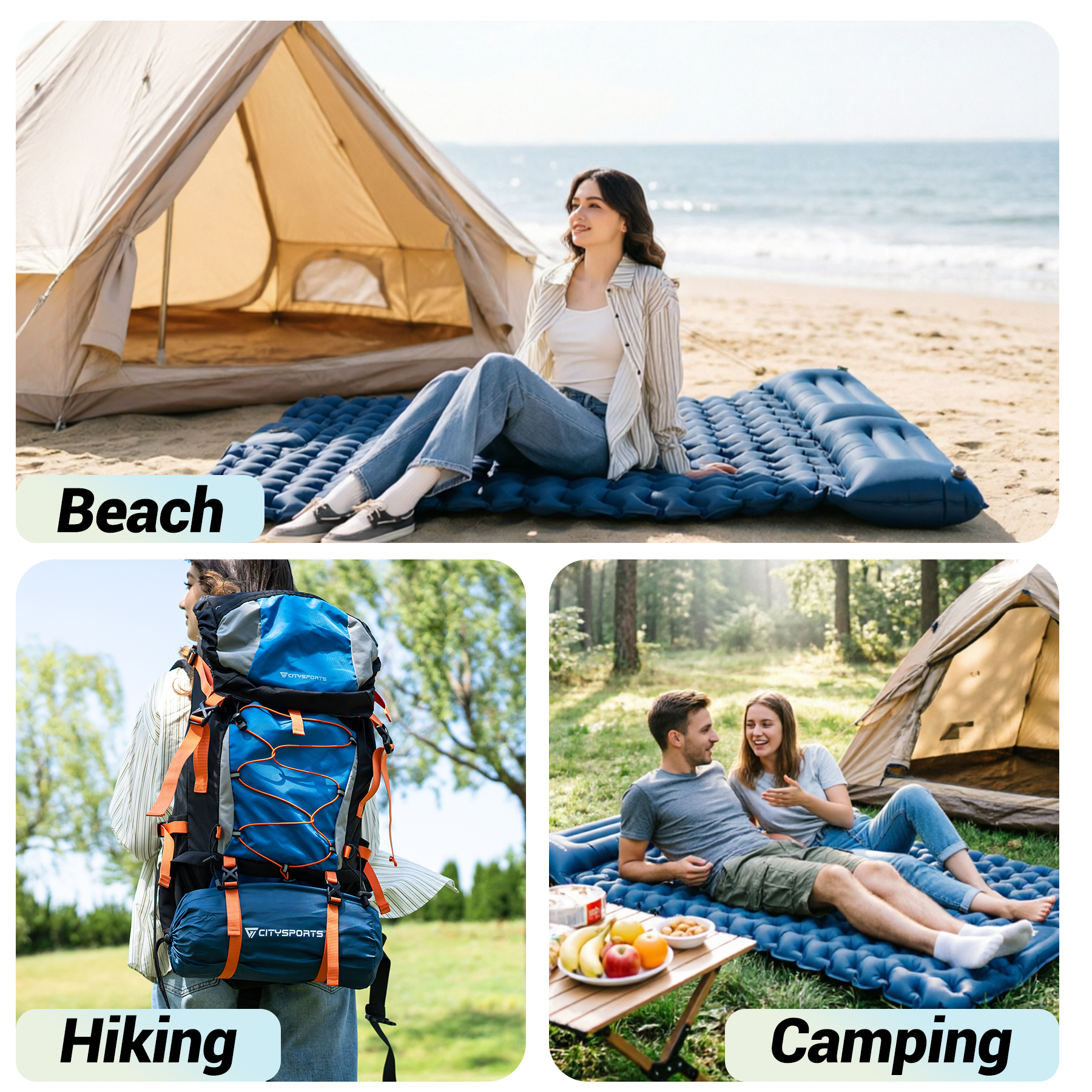 Collage of beach, hiking, and camping scenes with people and gear.