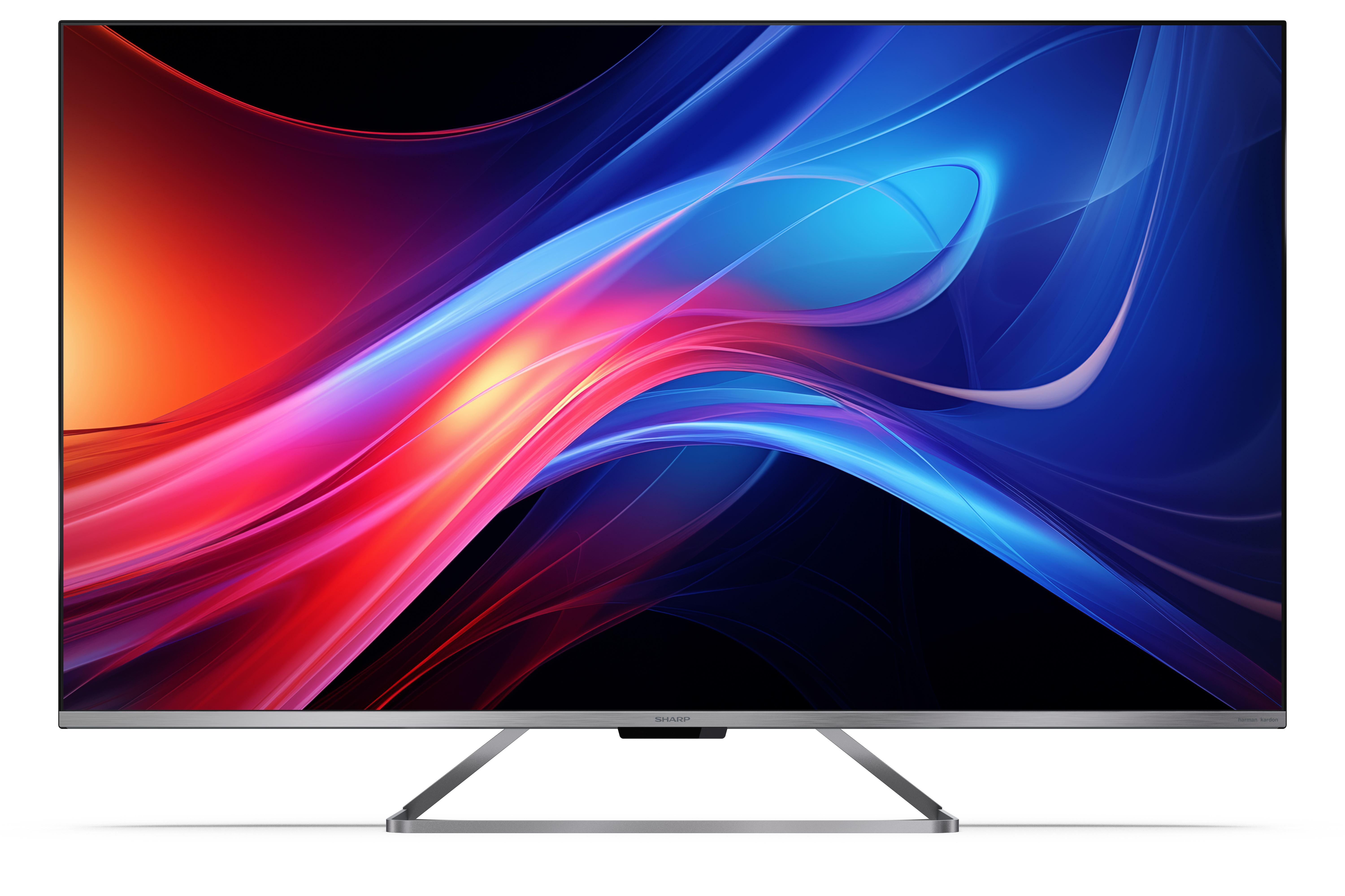Televisore moderno con sfondo astratto e fluido rosso e blu.