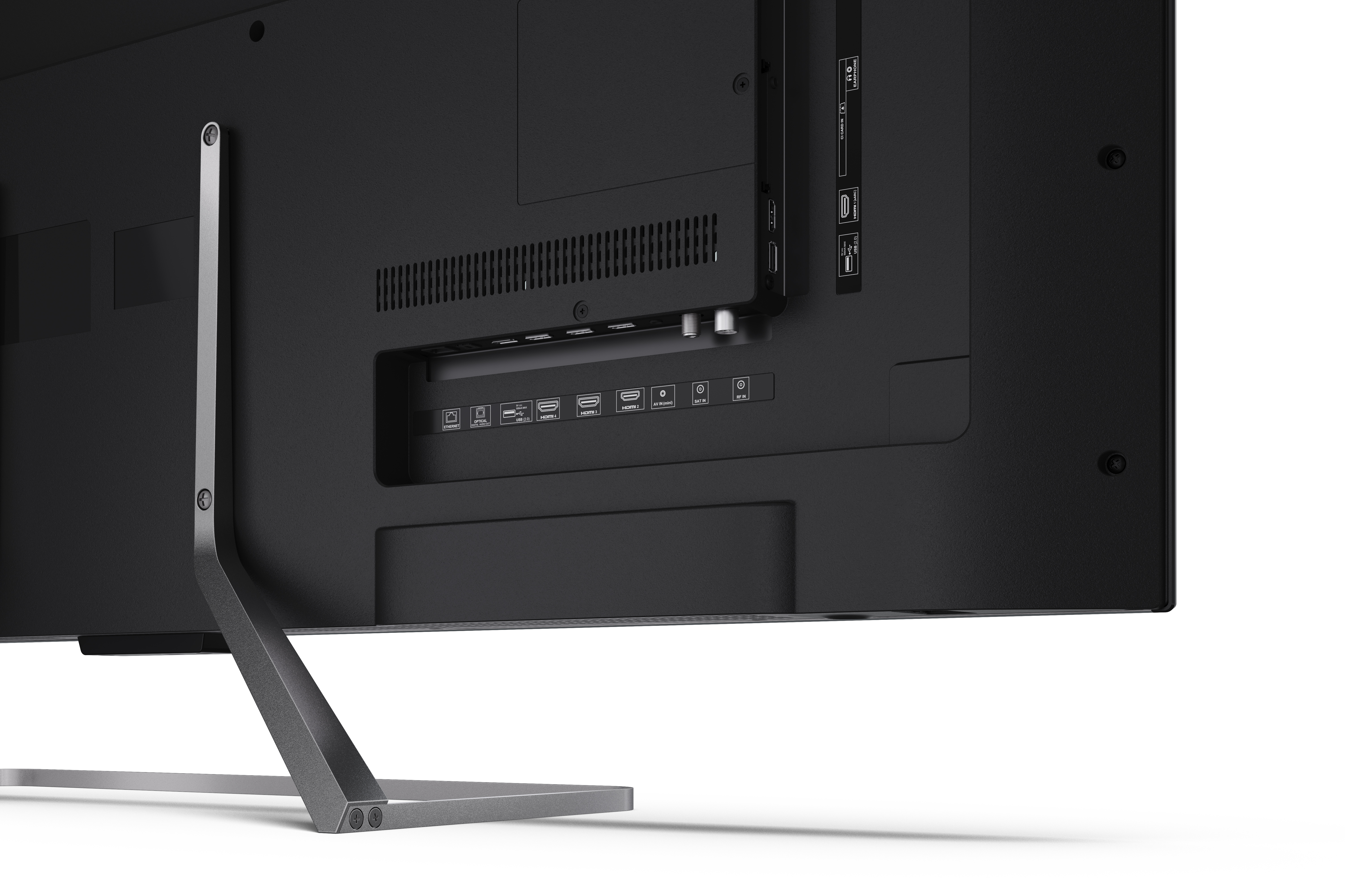 Retro di una TV nera con porte come HDMI, USB e ingresso satellitare.