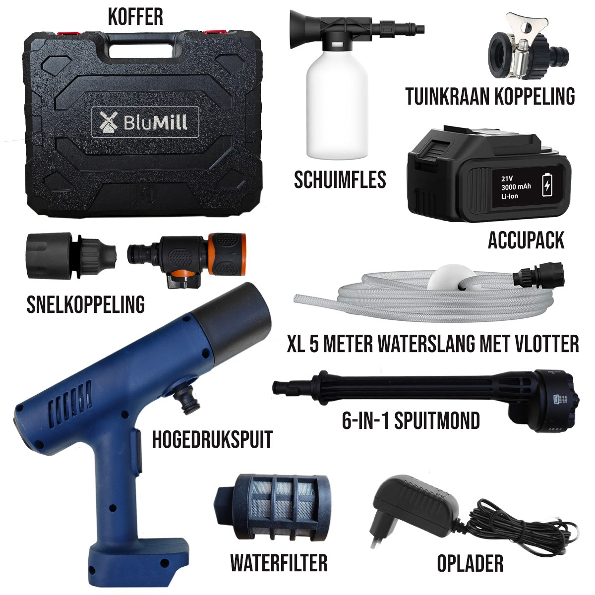 A blue pressure washer with accessories: case, foam bottle, battery, hose, nozzles.
