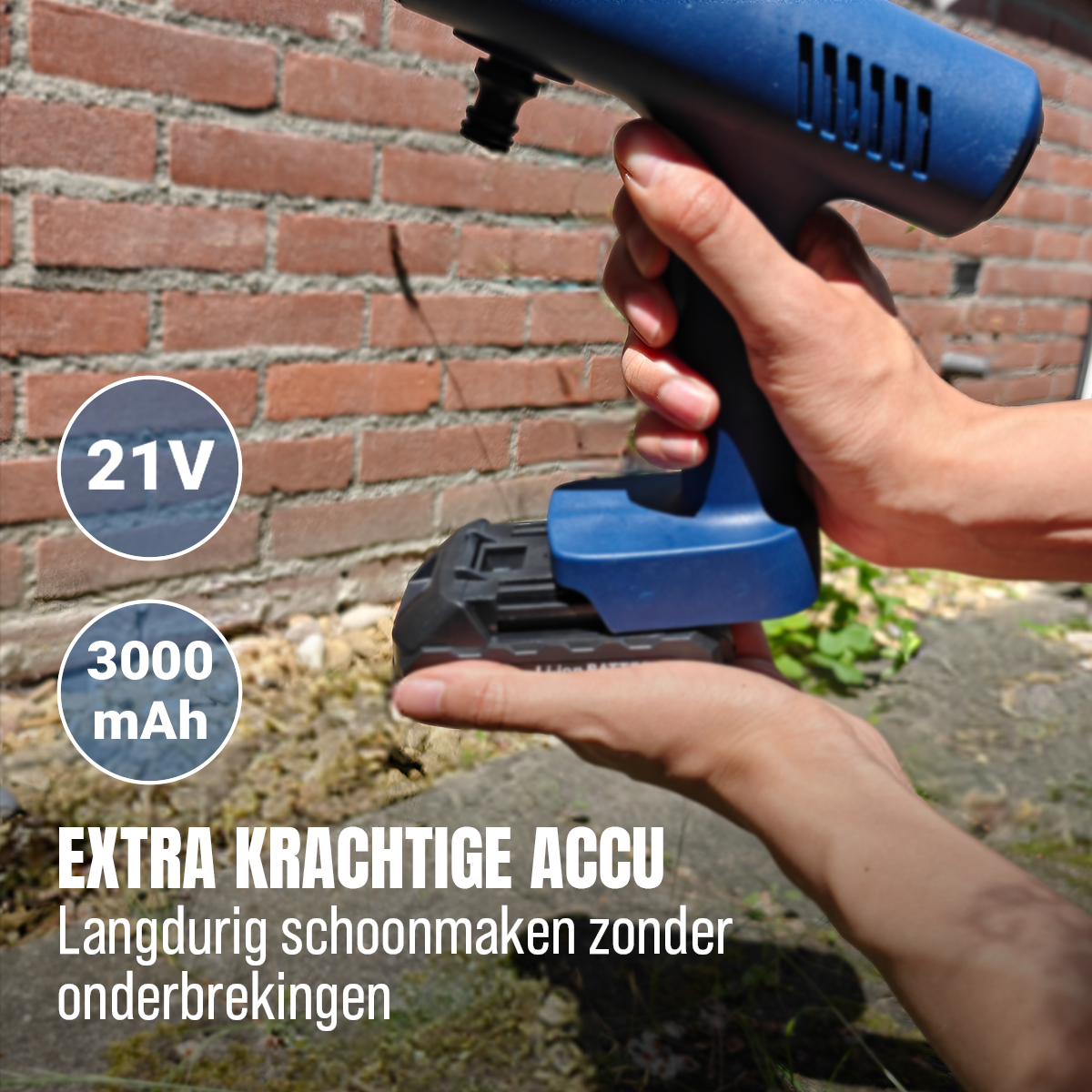 A hand holds a blue 21V 3000 mAh battery-powered cleaning device.
