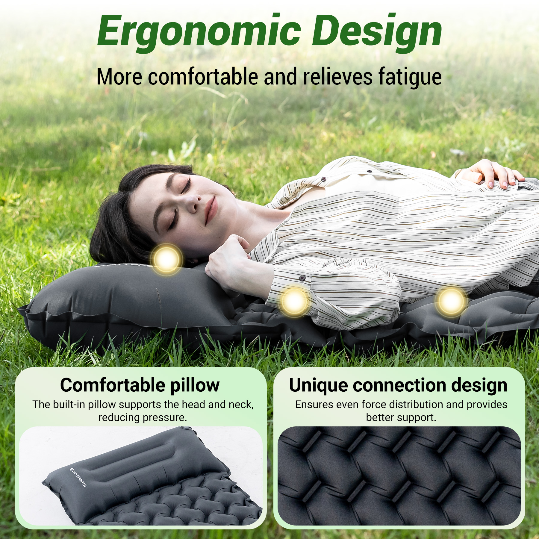 Femme allongée sur un matelas gonflable dans l'herbe, mettant en avant le design.