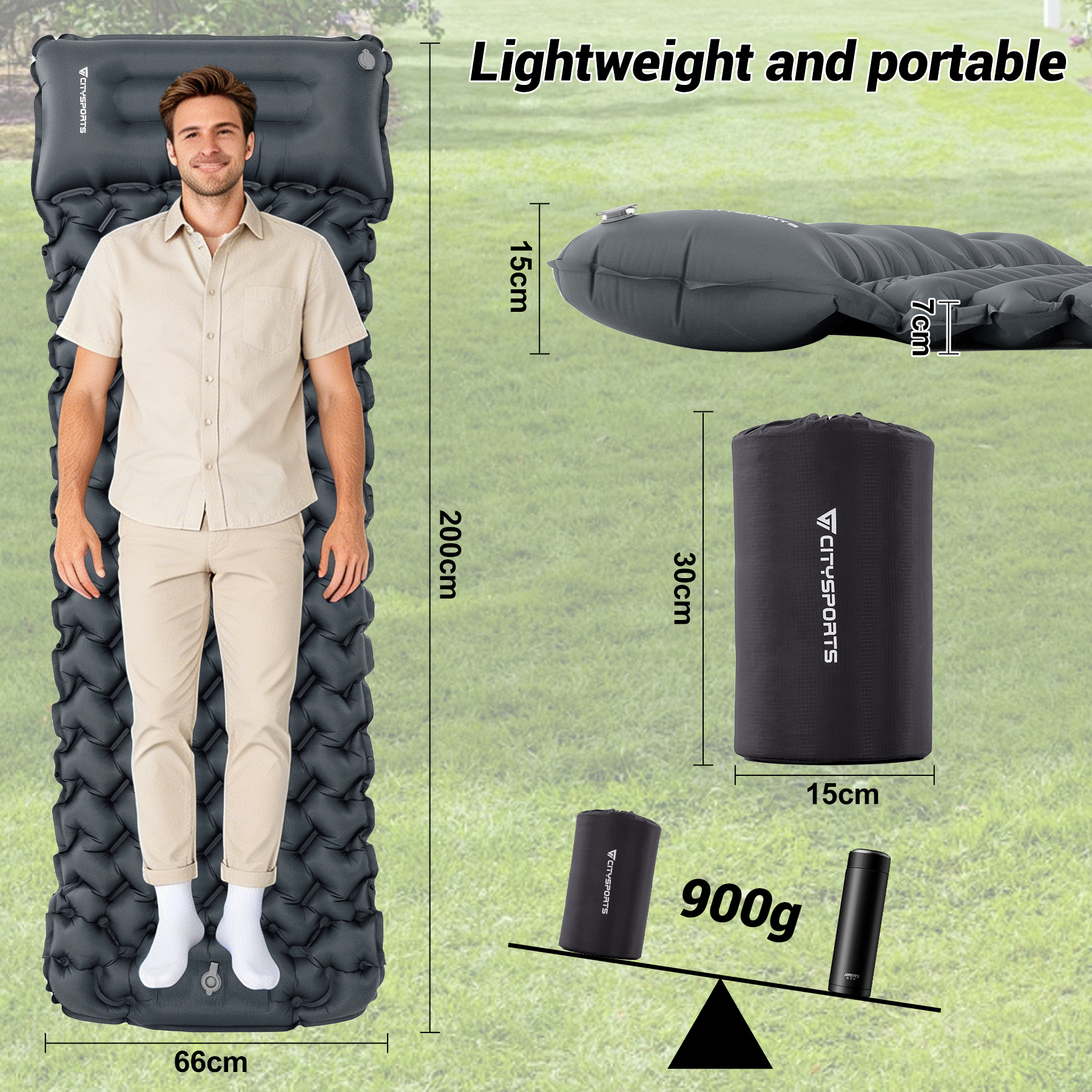 Matelas gonflable avec homme, dimensions et modèle emballé.