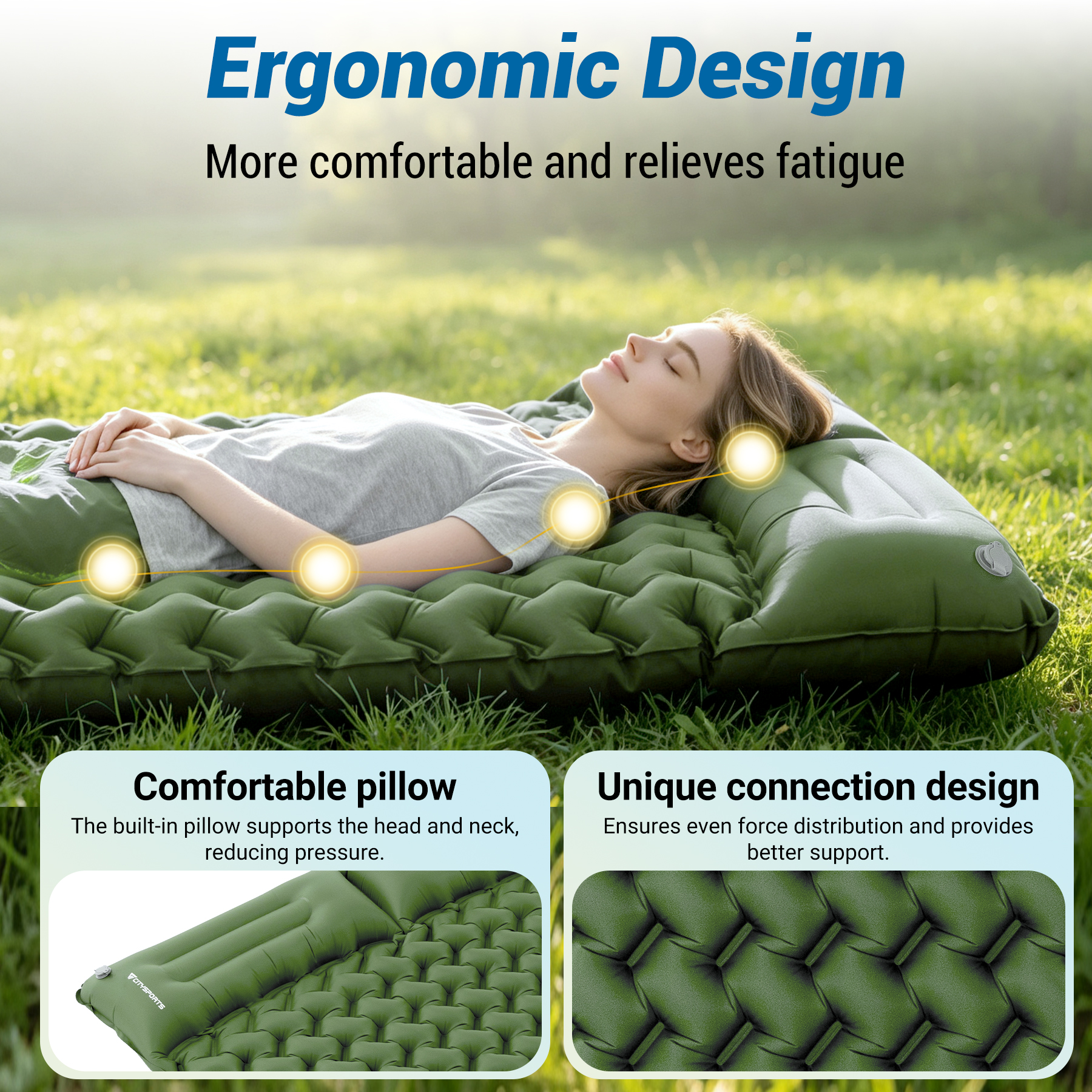 Woman rests on a green air mattress in grass, promoting comfort and support.
