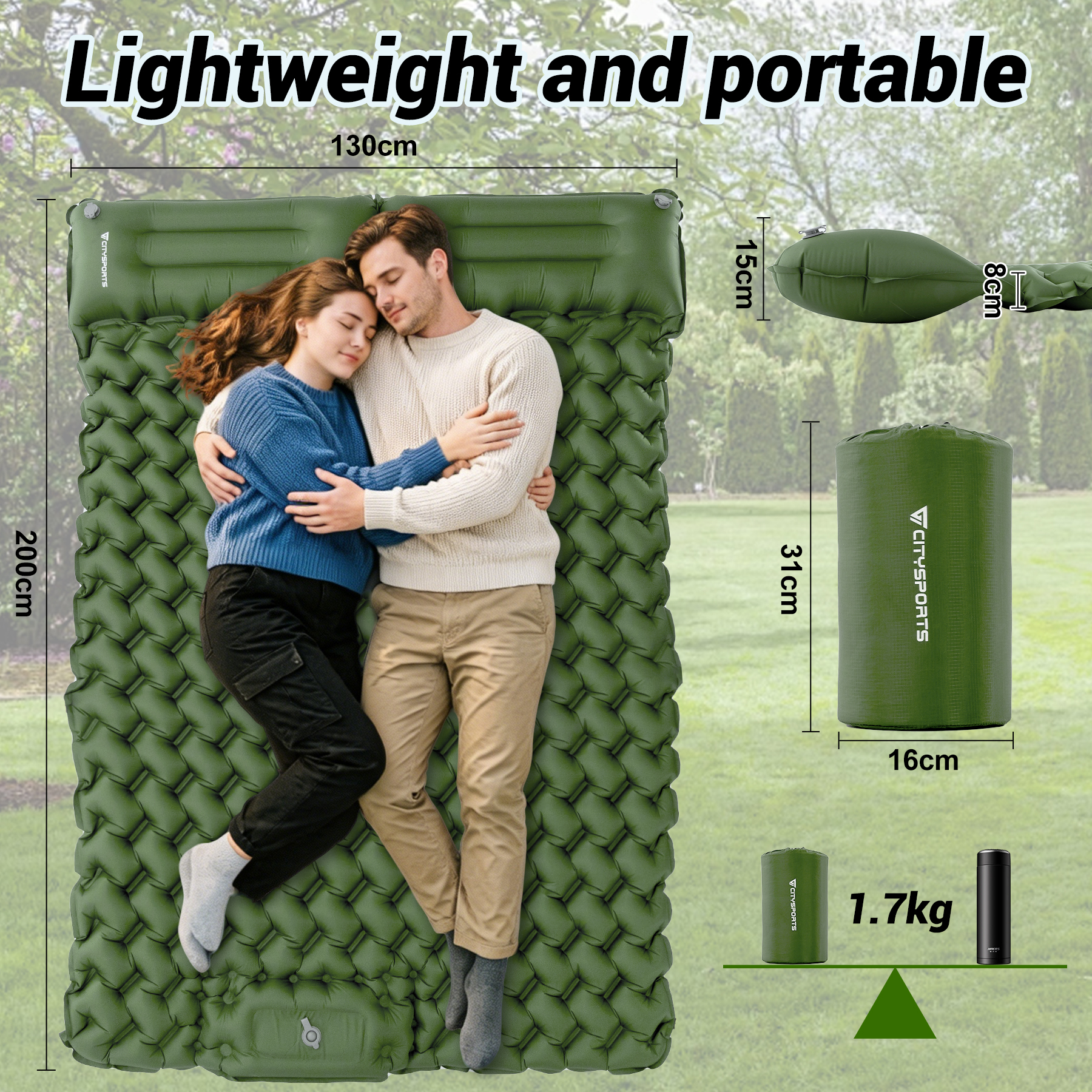 Green air mattress 130x200cm with sleeping couple, dimensions and weight shown.