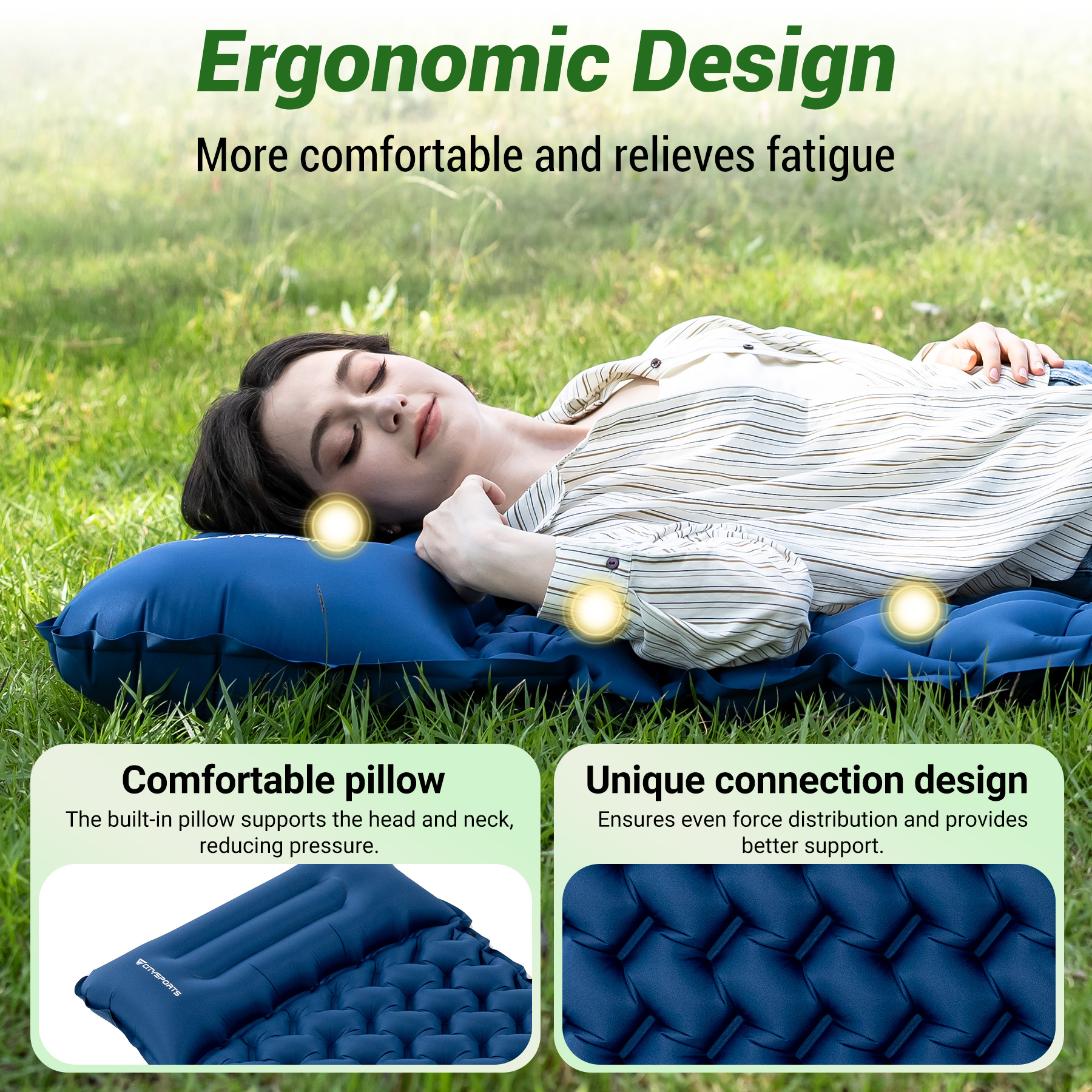 Woman sleeping on blue inflatable mat in grass, with ergonomic design text.