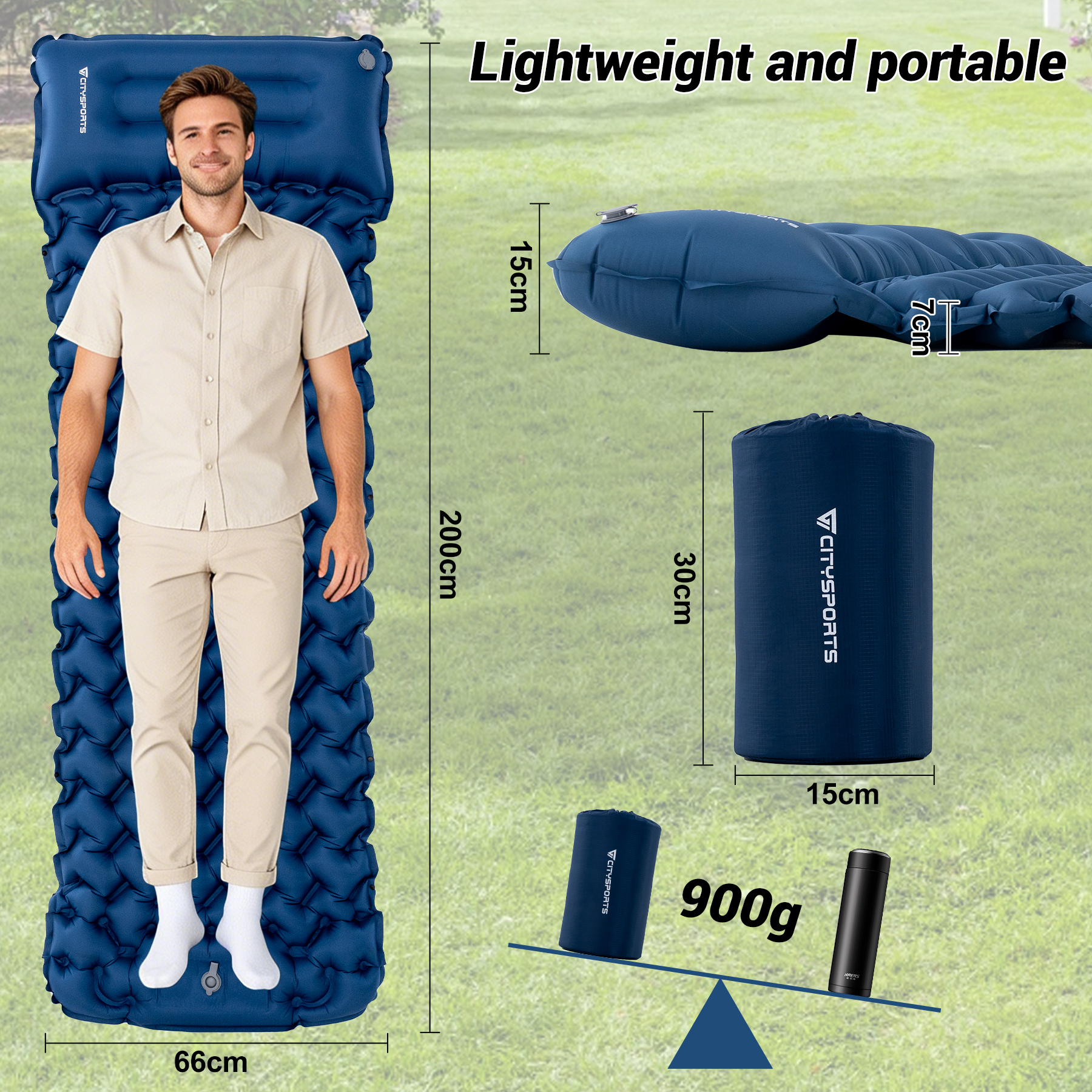 Blue inflatable sleeping mat with man, dimensions 200x66cm, and folded form.
