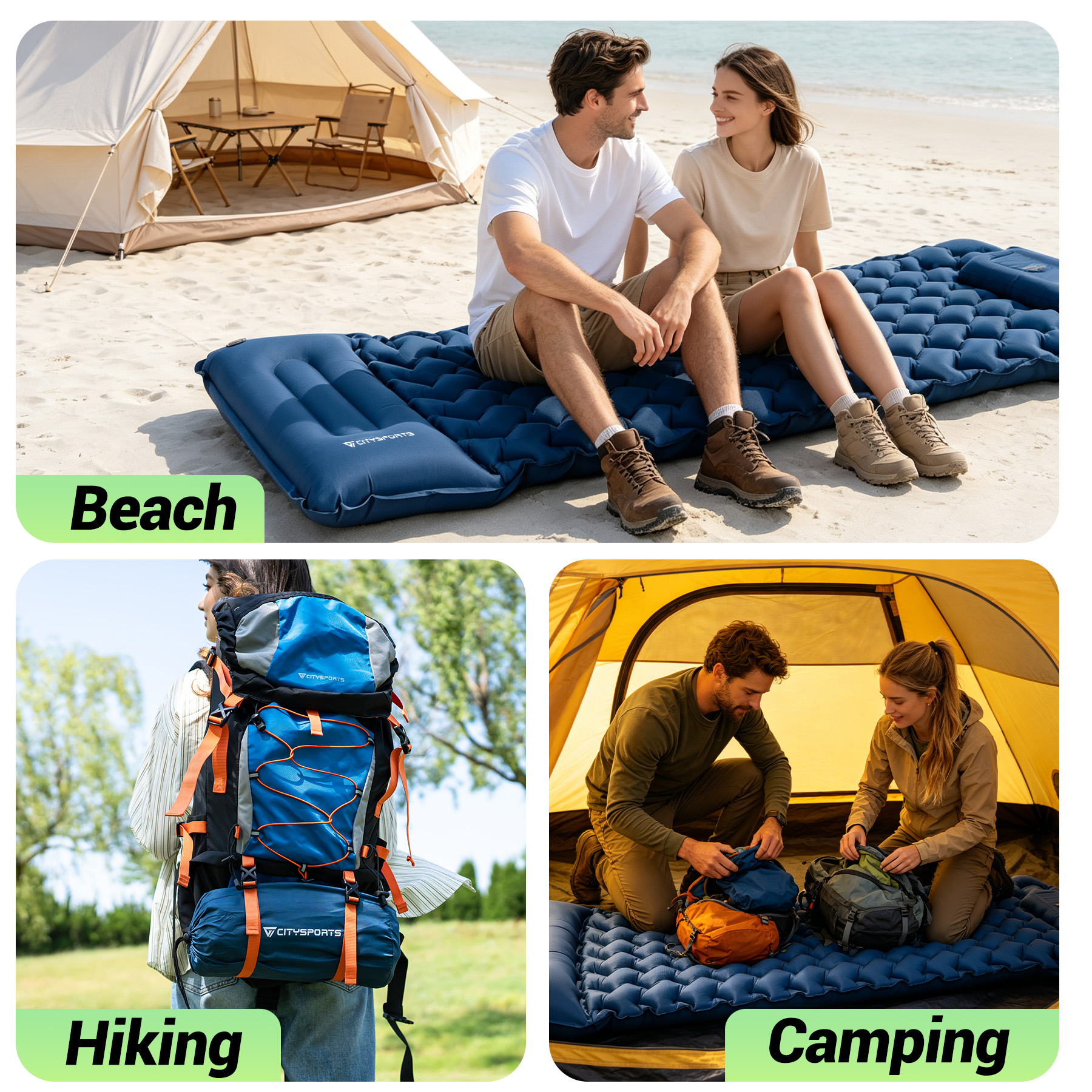 Three scenes: Couple on beach, hiker with backpack, couple camping.
