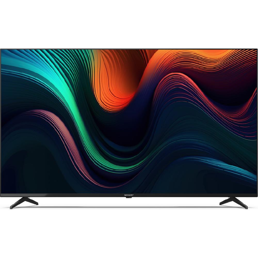 Una TV moderna a schermo piatto con uno sfondo astratto e colorato.