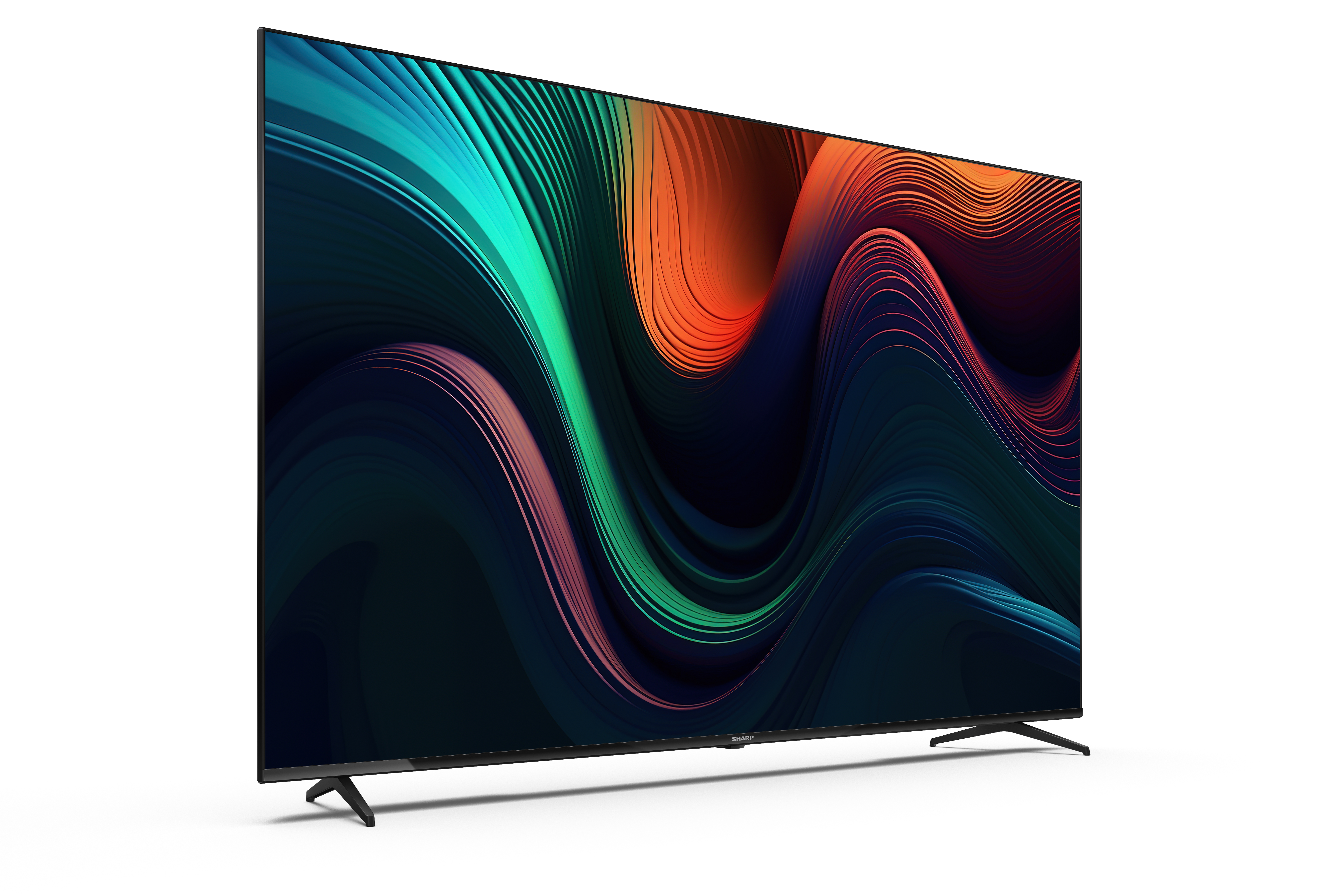 Un TV moderno a schermo piatto con grafica dinamica e ondulata. Cornice nera.