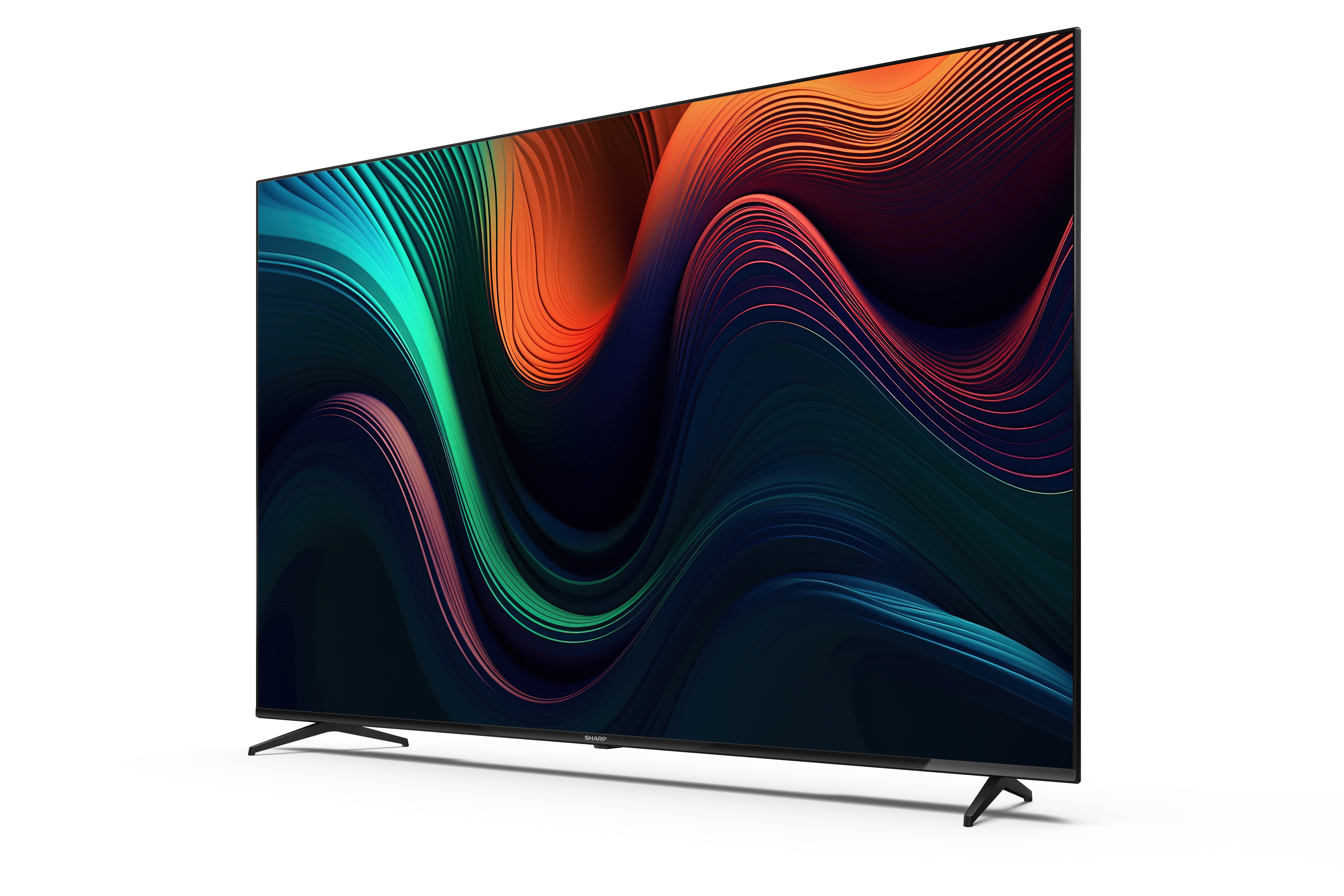 Una TV moderna con schermo astratto e colorato e cornice sottile.