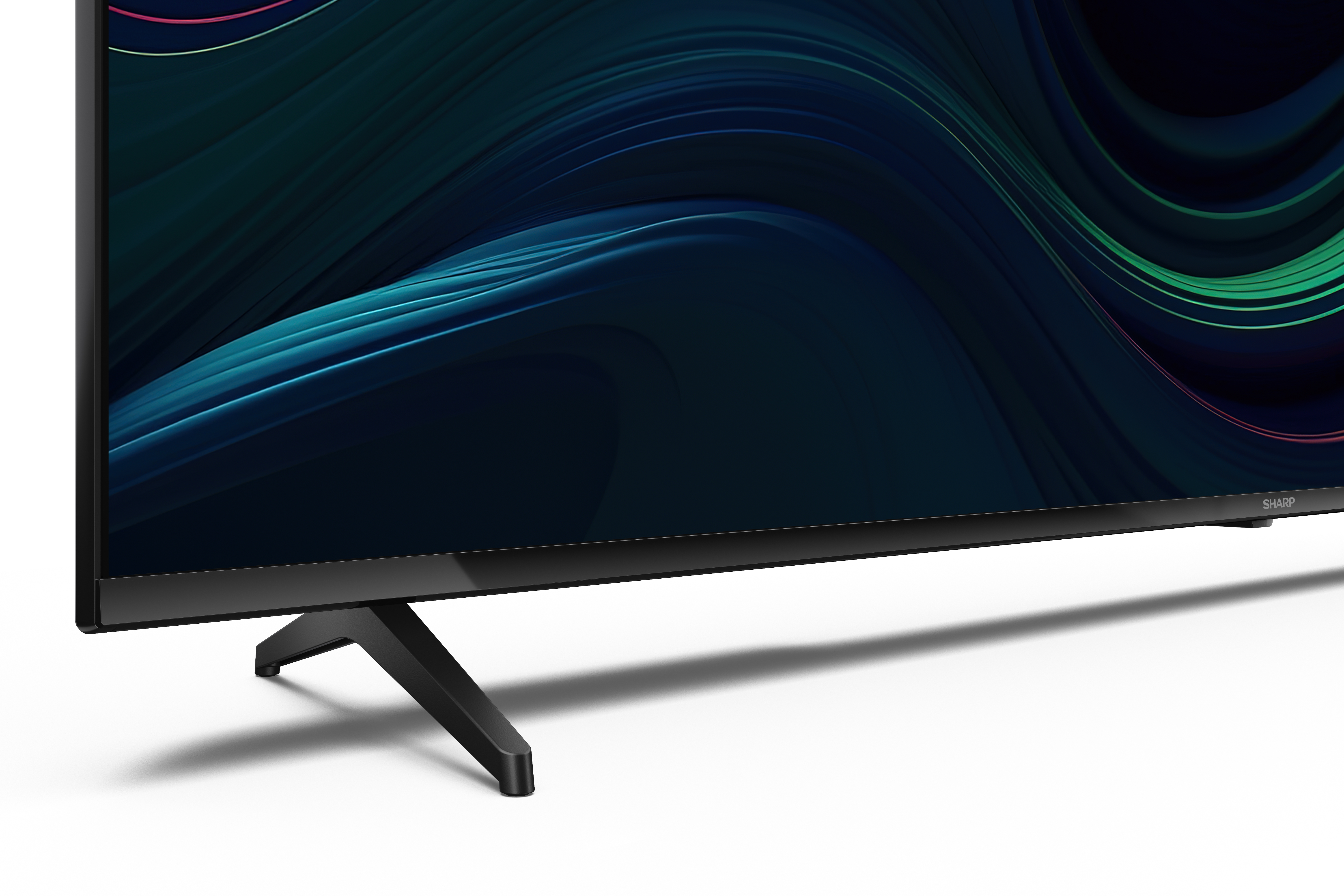 Una moderna TV nera con uno sfondo astratto e ondulato blu e verde.