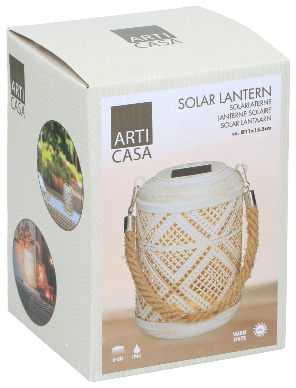 Packaging of a white solar lantern with rope handle and golden lights.