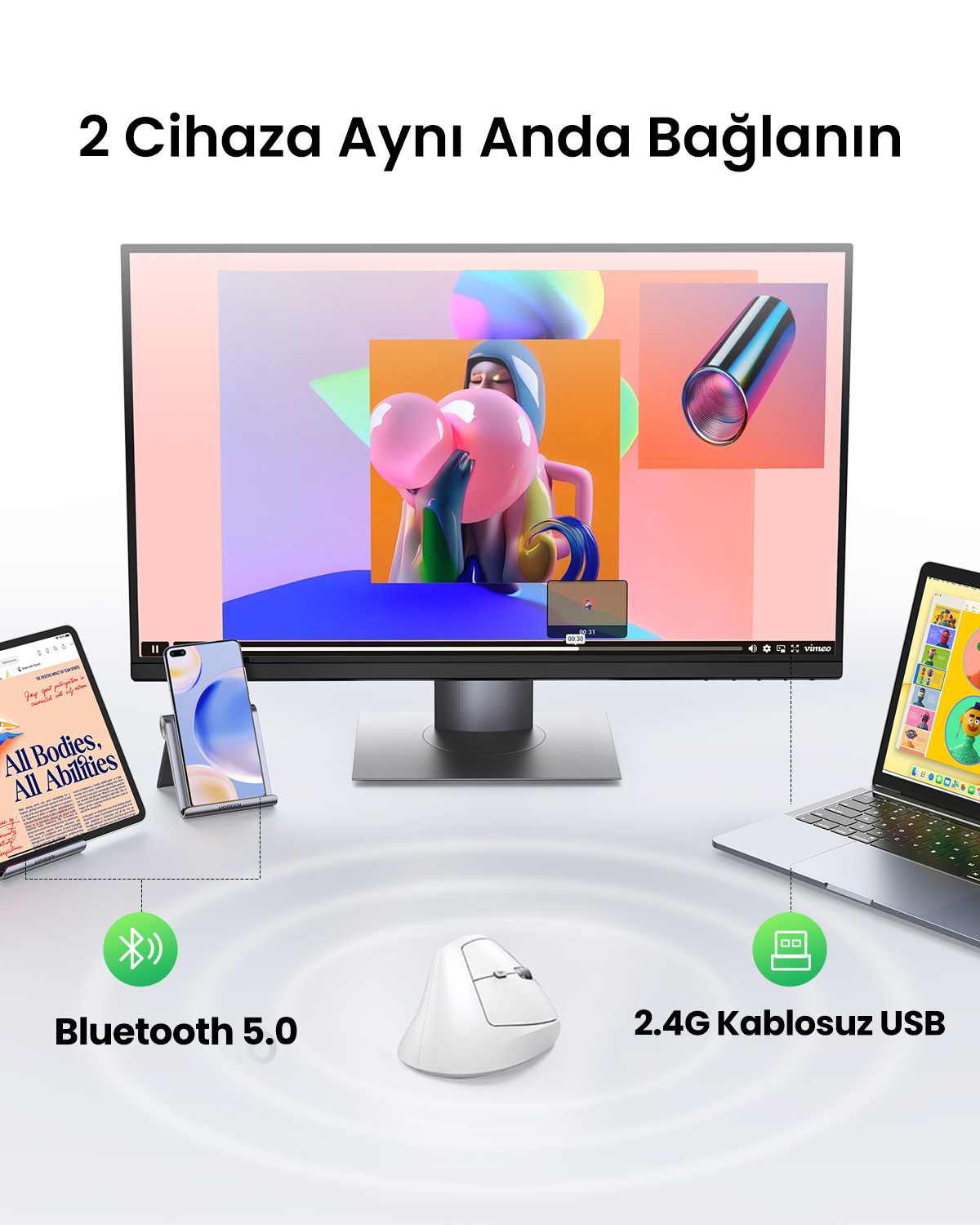 Bir monitör, akıllı telefon, tablet ve dizüstü bilgisayar bağlı. Beyaz bir fare görülüyor.