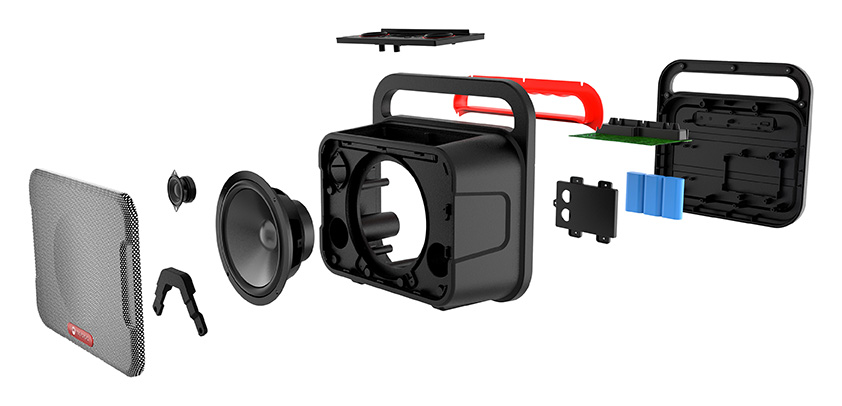Exploded view van een zwarte luidspreker met zilveren rooster, rood handvat en blauwe batterijen.