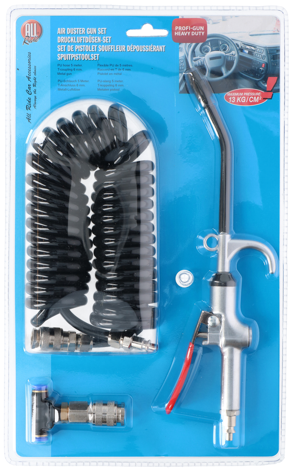 Air duster gun set with coiled hose and connectors