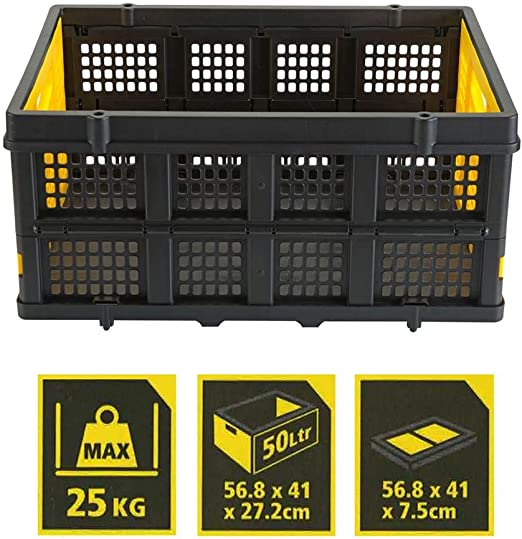 Schwarze faltbare Kiste mit gelben Akzenten, 25 kg max, 50 Liter.