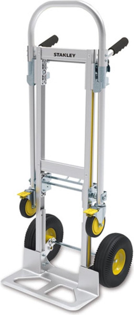 Un carrello Stanley argentato con accenti gialli e ruote nere.