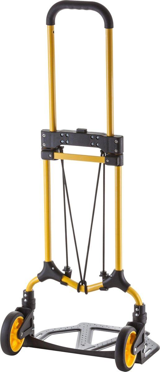 Un carrello giallo con ruote e manico neri.