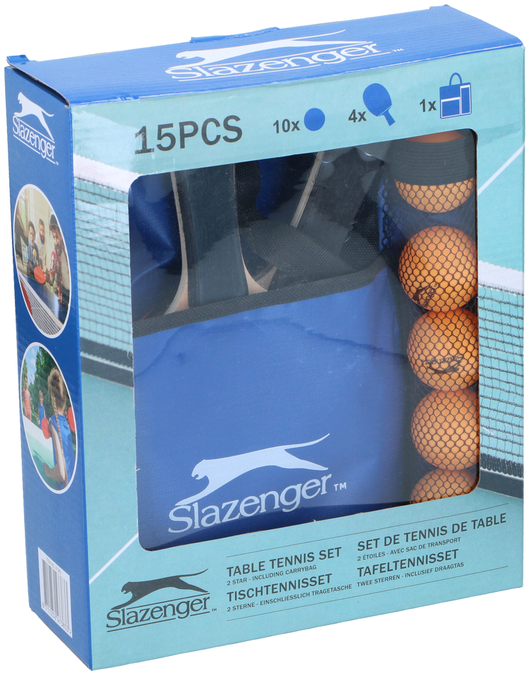 Slazenger tafeltennis set met 10 ballen, 4 batjes en draagtas.