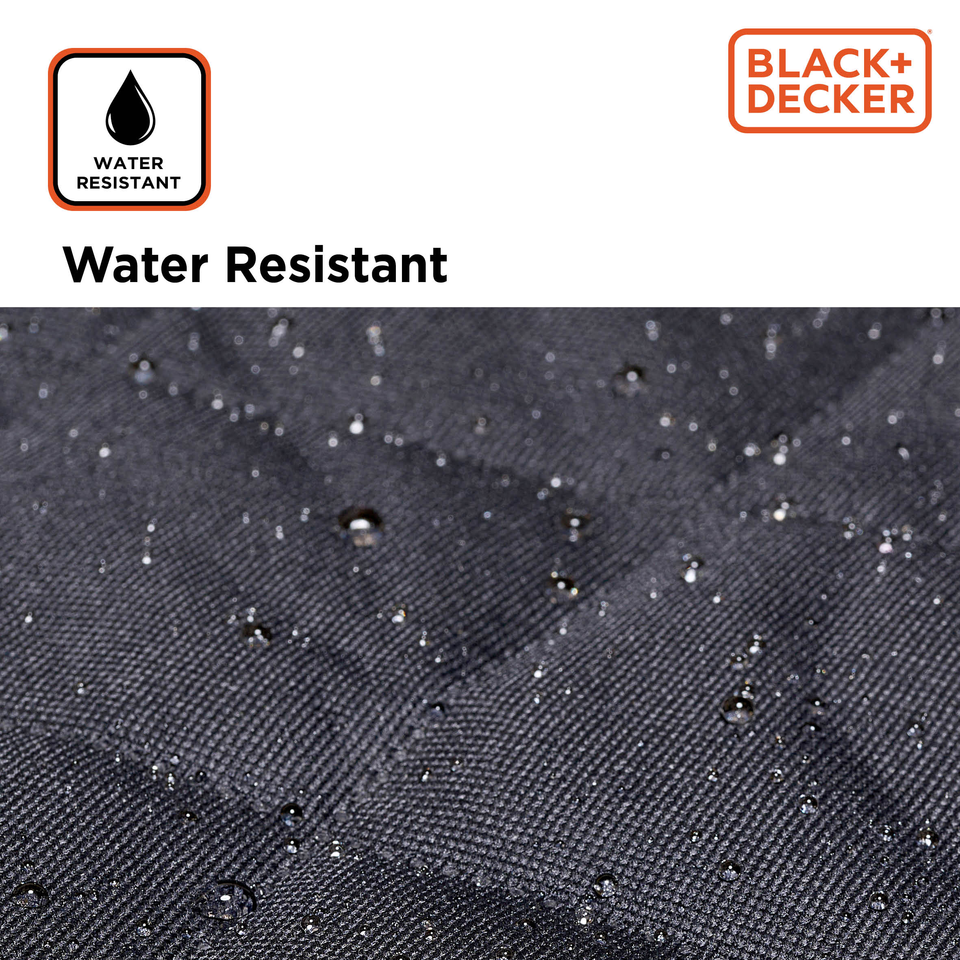 Black fabric with water droplets, Black+Decker logo.