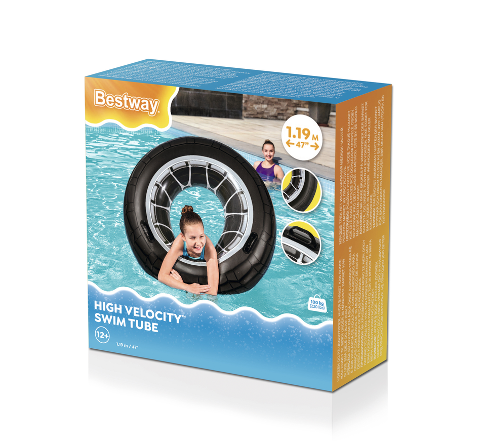 Bestway tire swim tube with girl in pool, 119cm.
