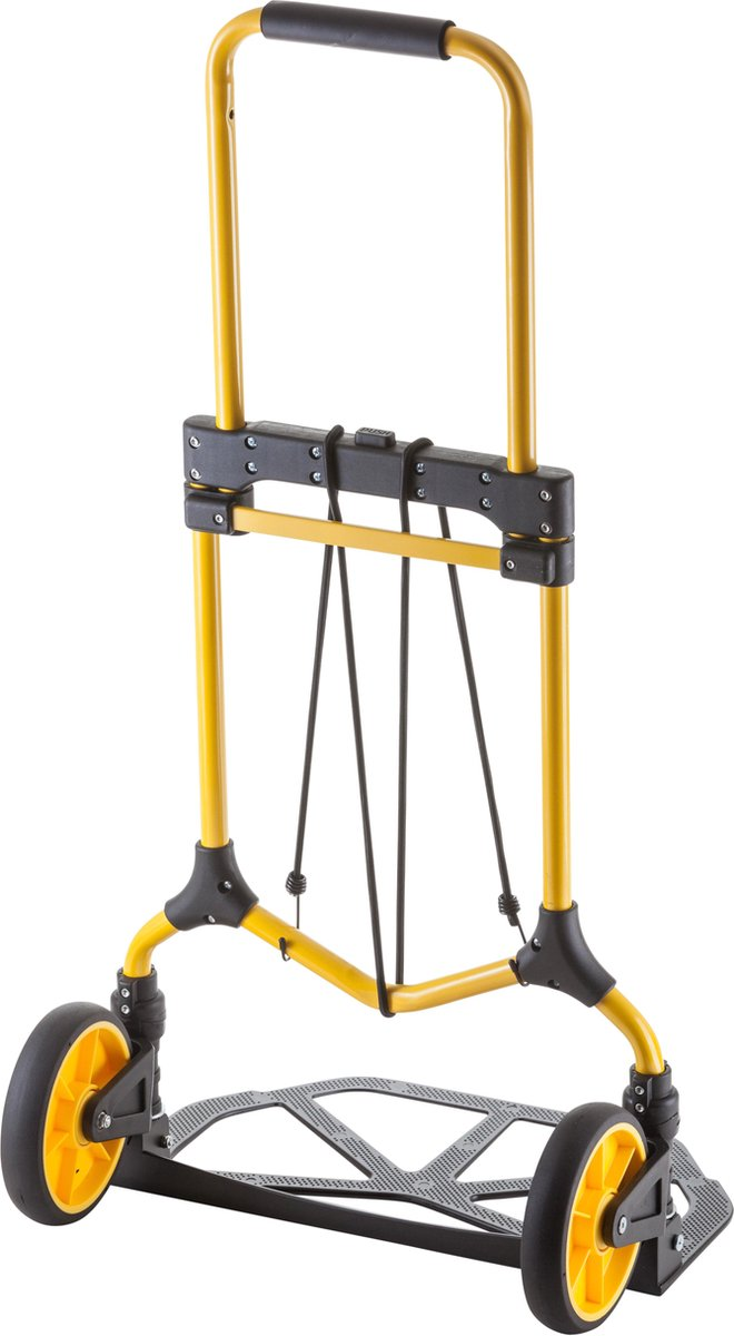 Yellow hand truck with black wheels and handle. White background.