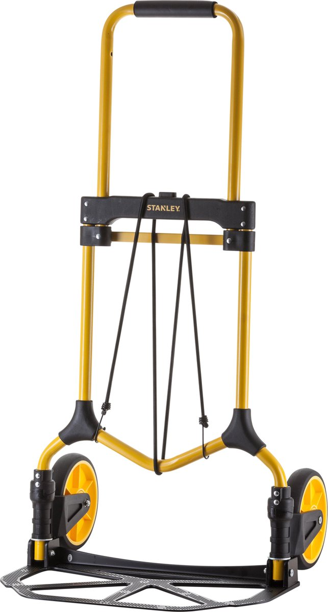 A yellow Stanley hand truck with black wheels and handle.