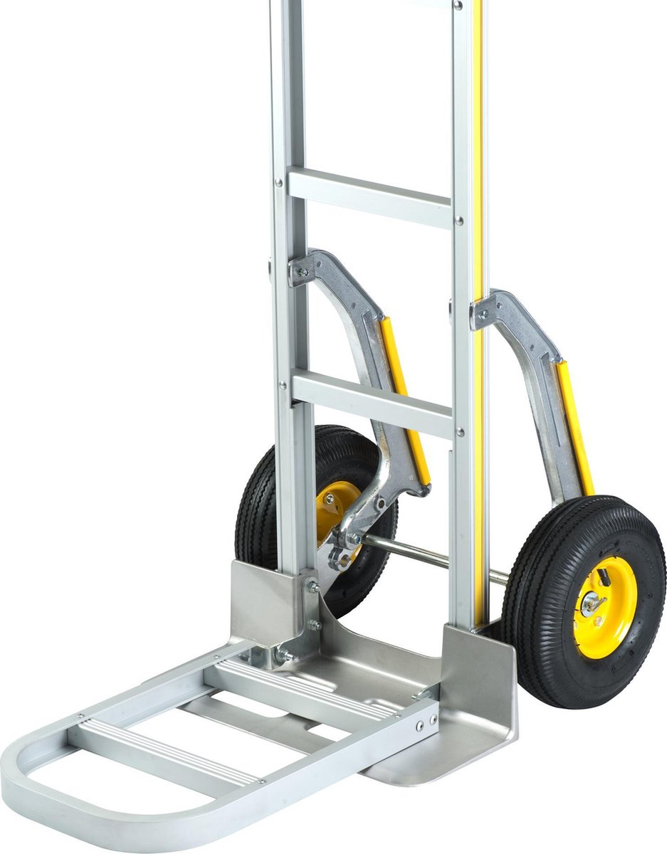 Carrello a mano argento con accenti gialli e ruote nere su sfondo bianco.
