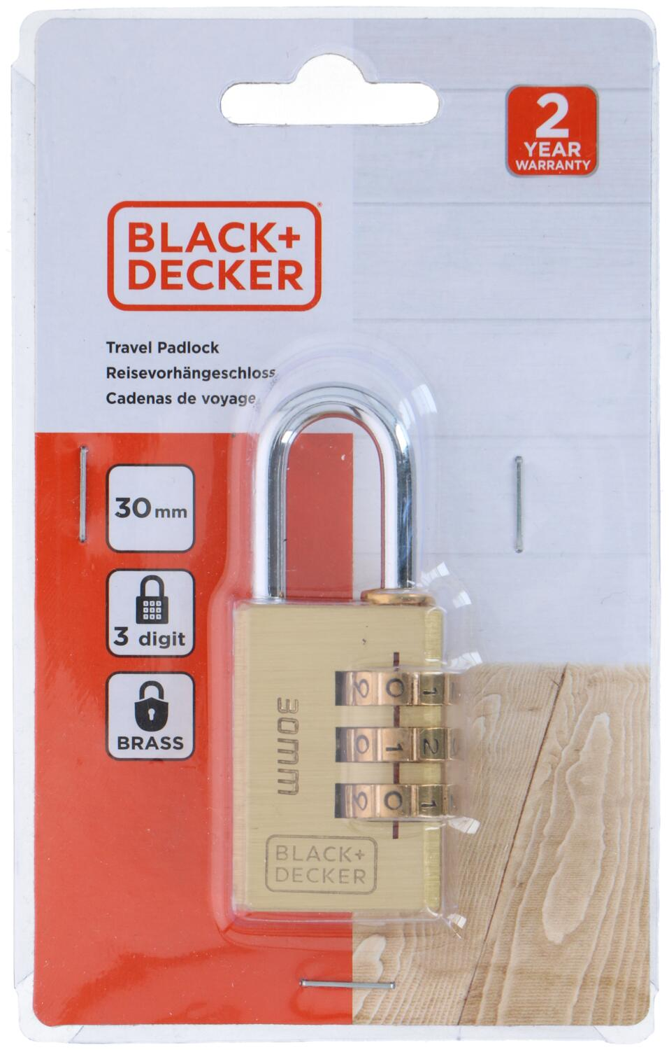 A gold-colored, 30mm, 3-digit padlock by Black+Decker.