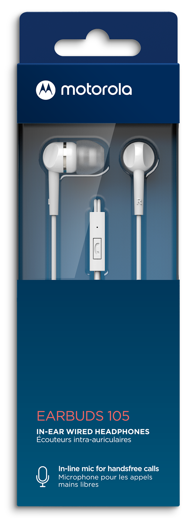 Verpackung für Motorola Earbuds 105 mit weißen In-Ear-Kopfhörern.