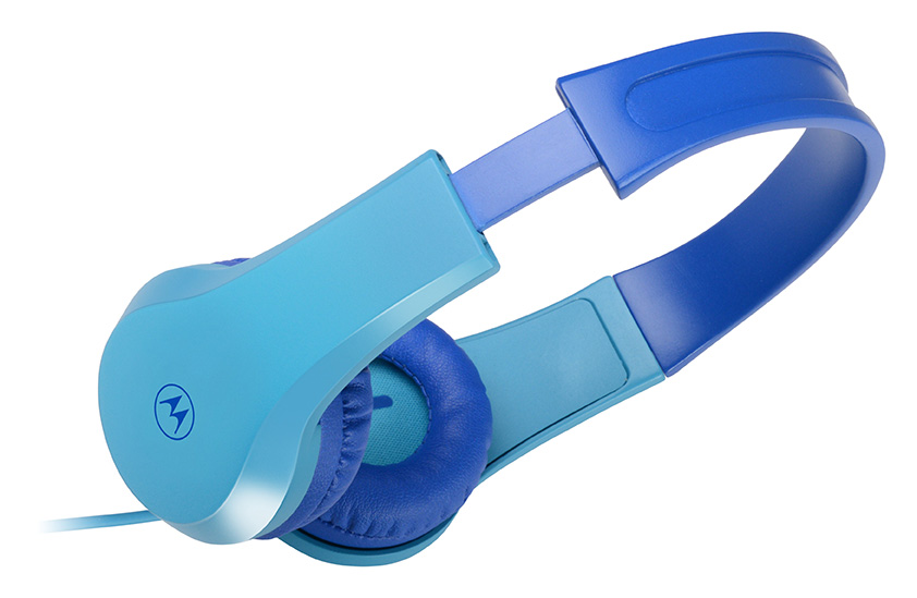 Light blue and dark blue Motorola headphones with padded earcups.